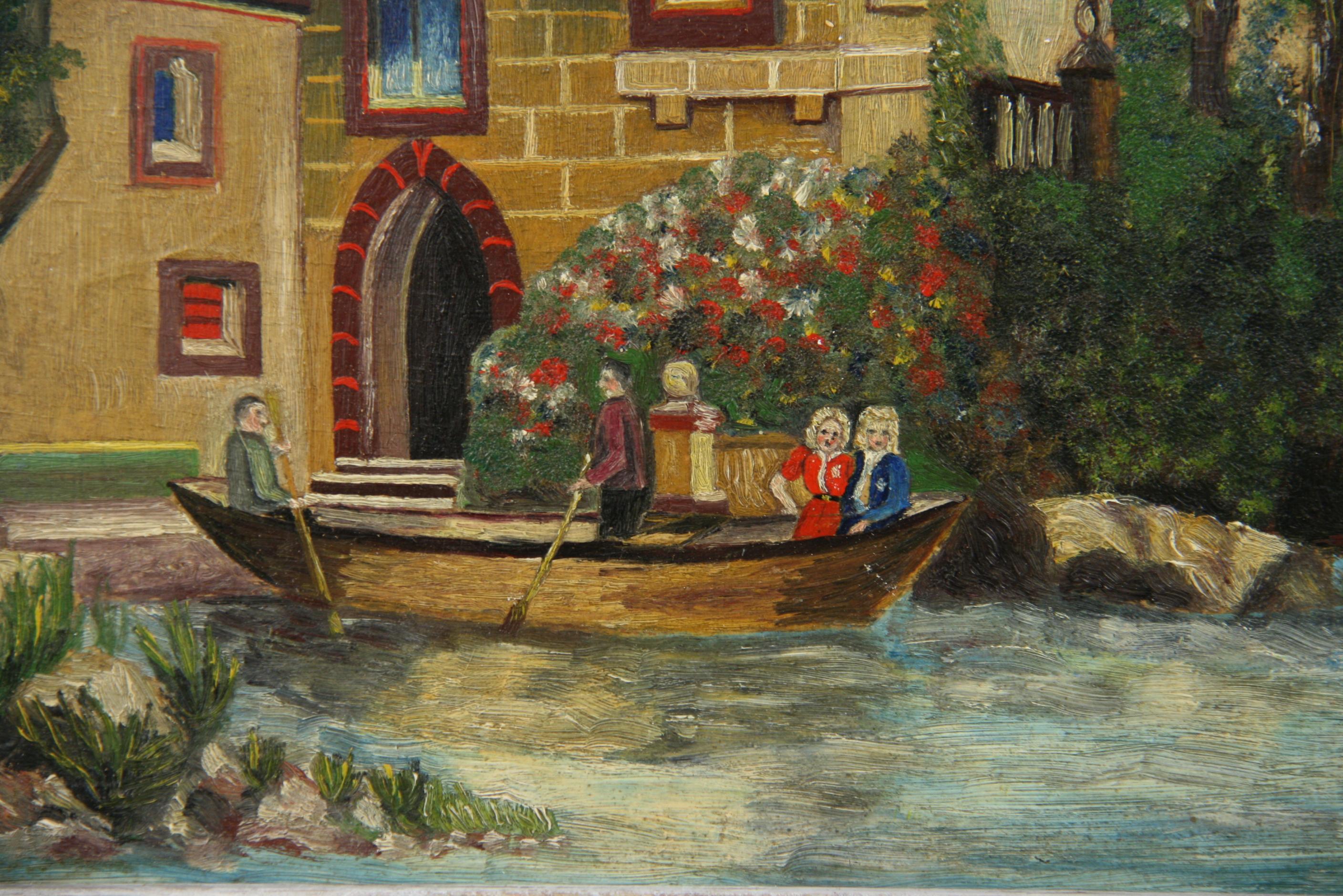 Antique Oil  Painting Lake Como Villa Garden  Landscape  1920's 1