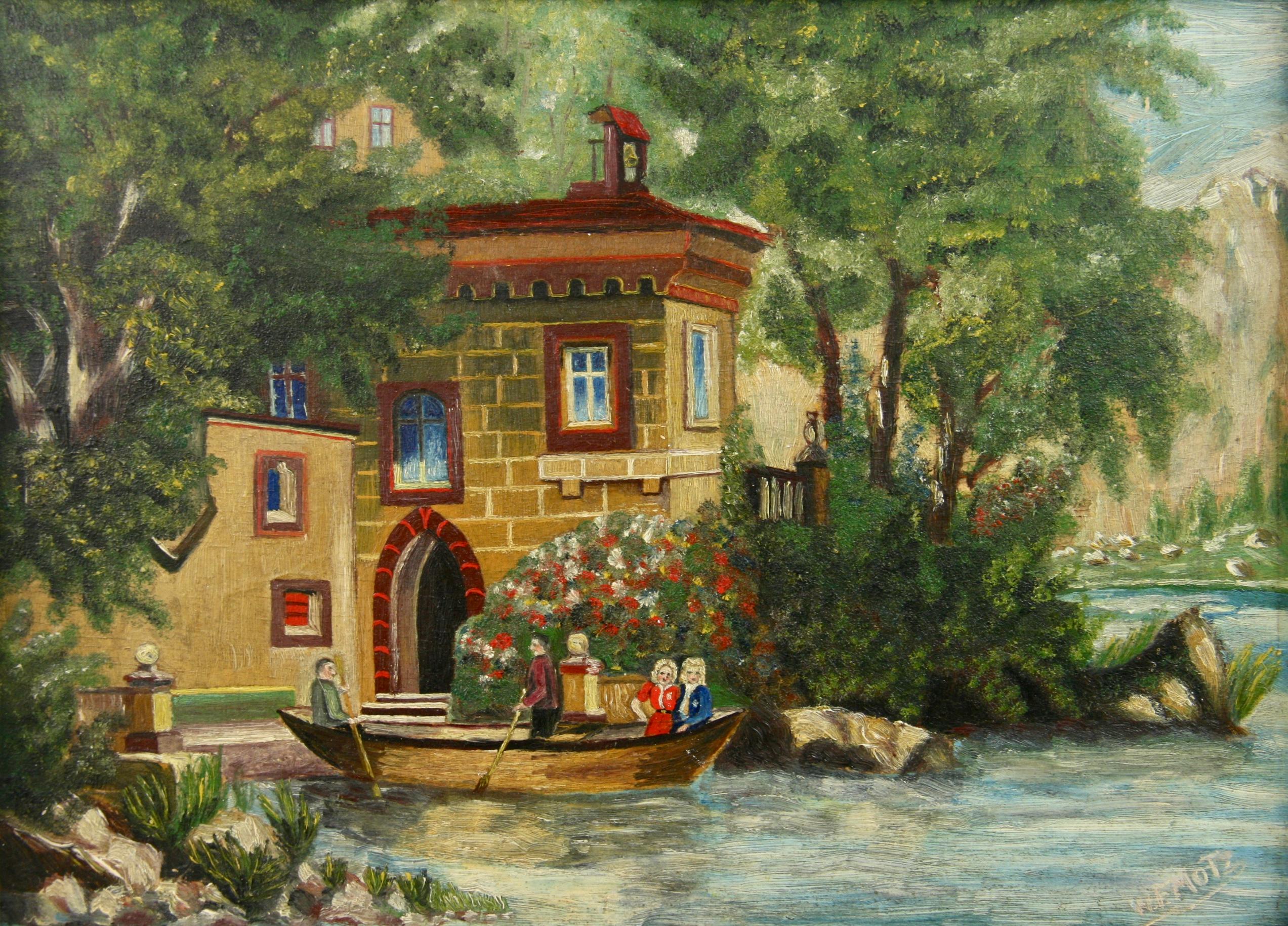 Antique Oil  Painting Lake Como Villa Garden  Landscape  1920's - Brown Landscape Painting by W.F.Motz