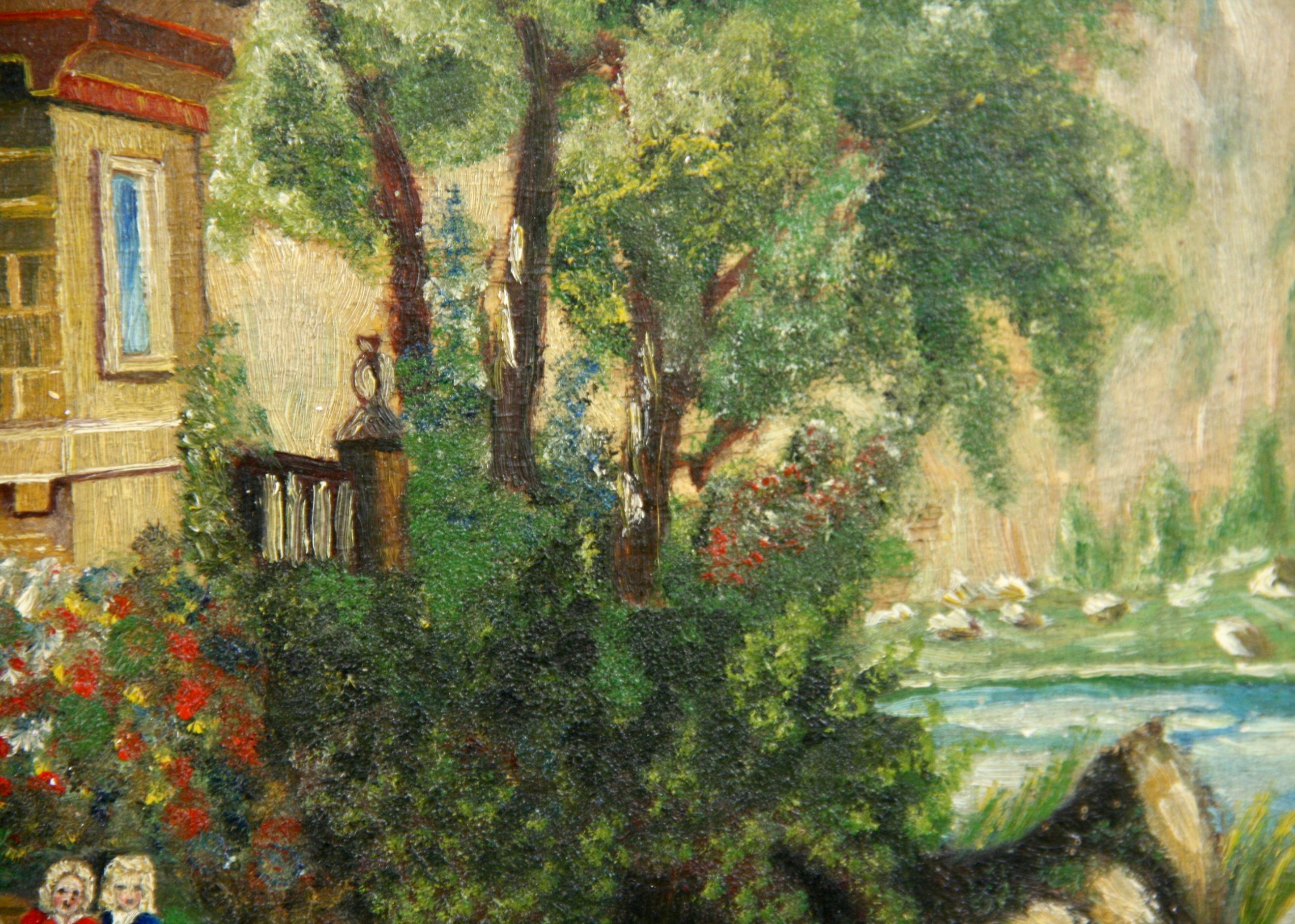 Antique Oil  Painting Lake Como Villa Garden  Landscape  1920's 2