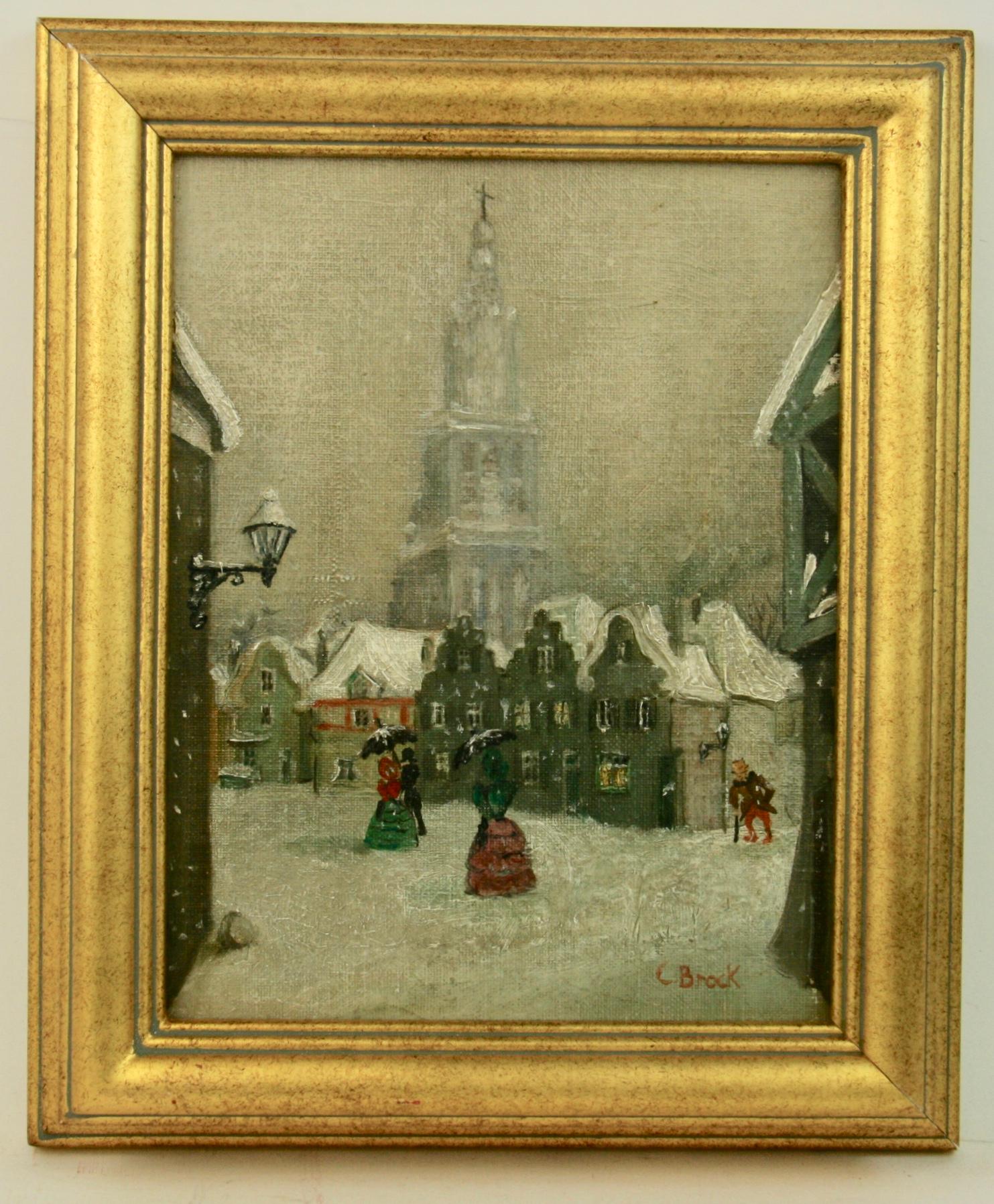 5-3502 Oil on artist board of a european city winter landscape
Set in a gilt wood frame
