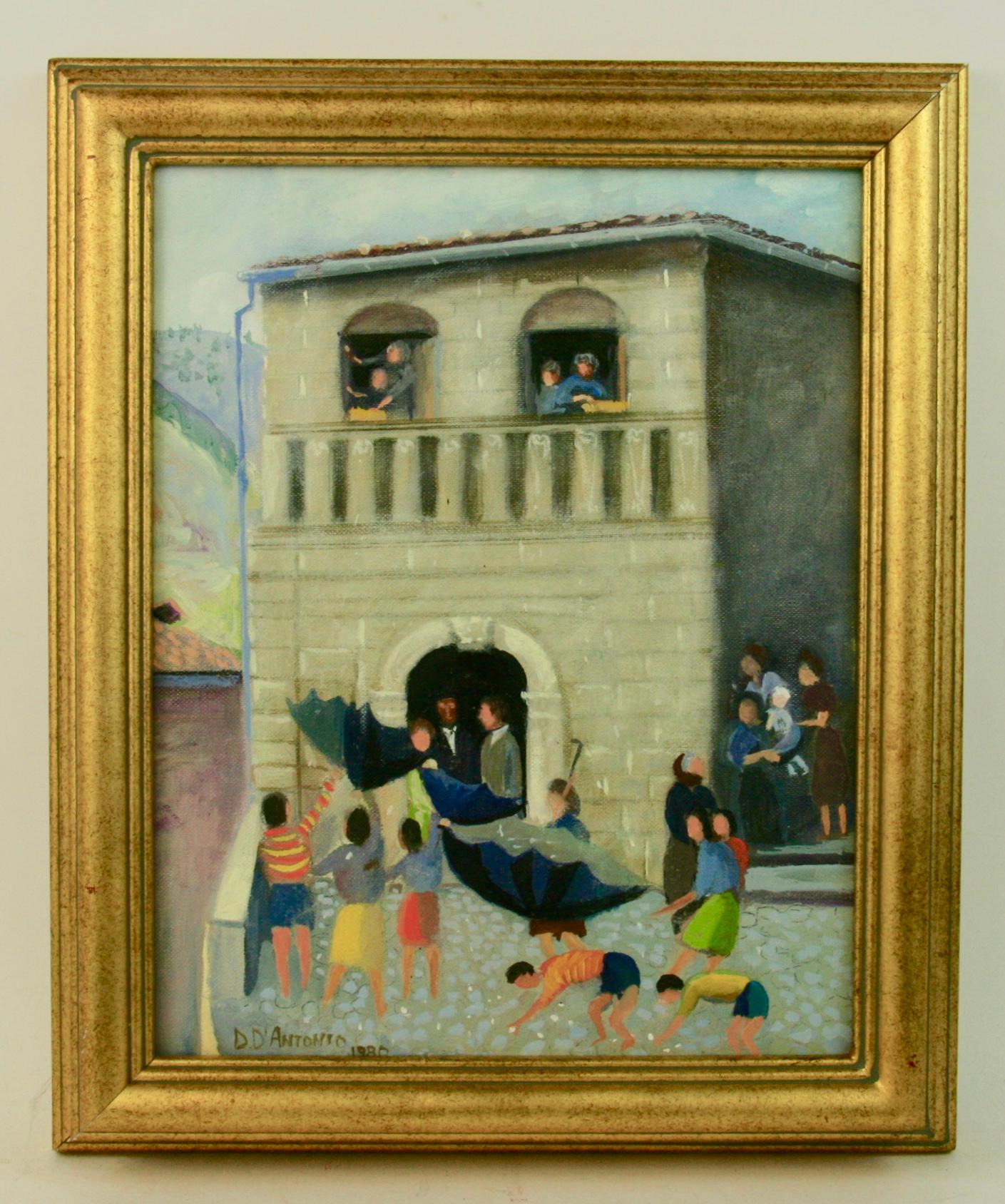 #5-3505 Italian Village, scene of a wedding   while  children  collecting confetti, oil on artist board, displayed in a gilt-wood frame, signed by D.D'Antonio.