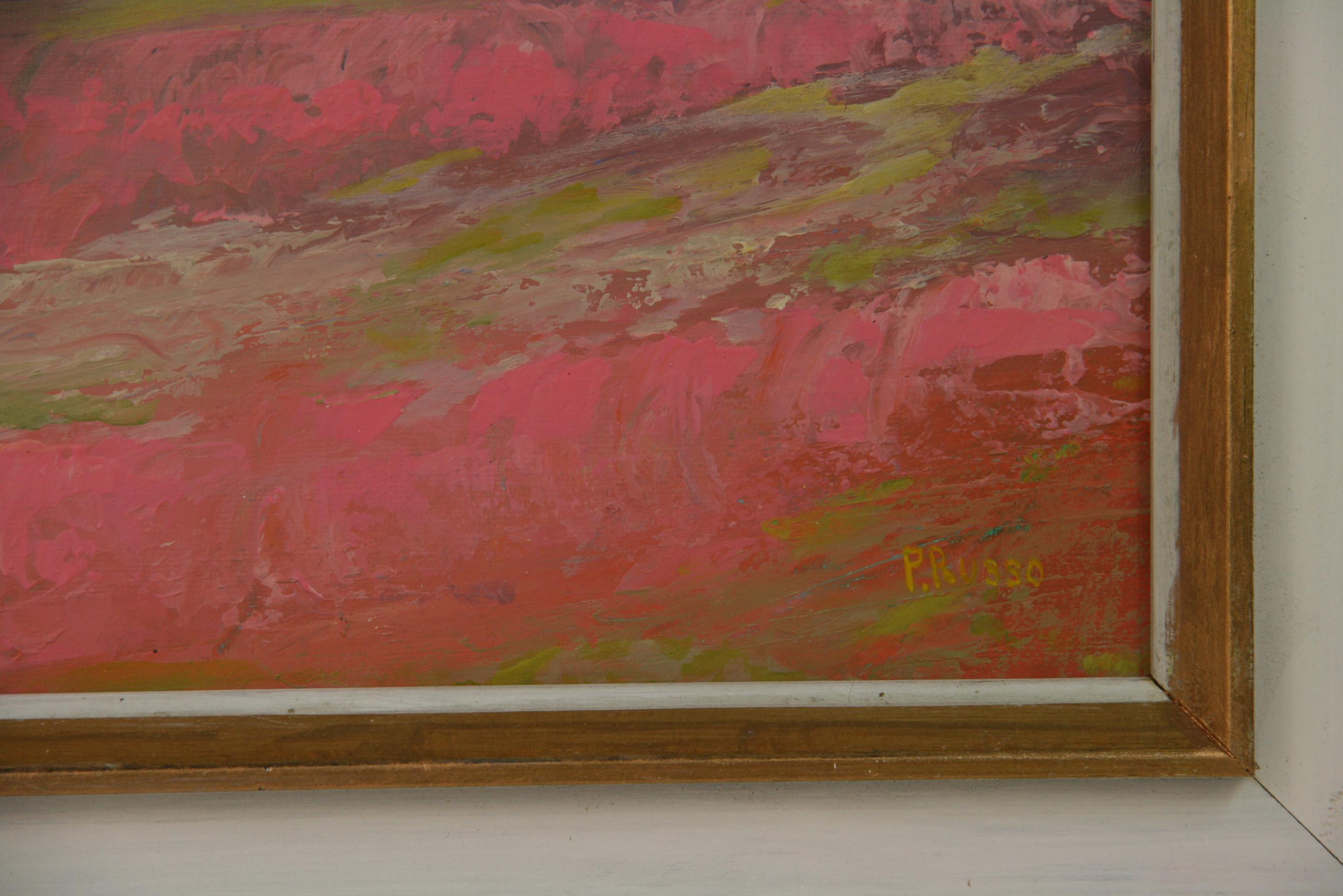 #5-3510 Pink Field Abstract ,oil on canvas applied to a board, displayed in a wood frame, signed by P.Russo