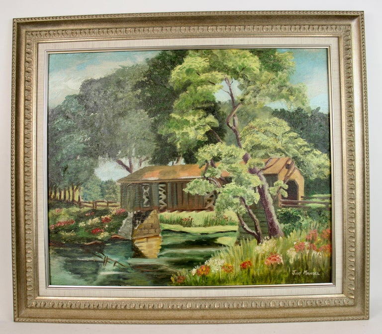 J.Mandell Landscape Painting - Antique Impressionist Landscape oil Painting Covered Bridge  1940