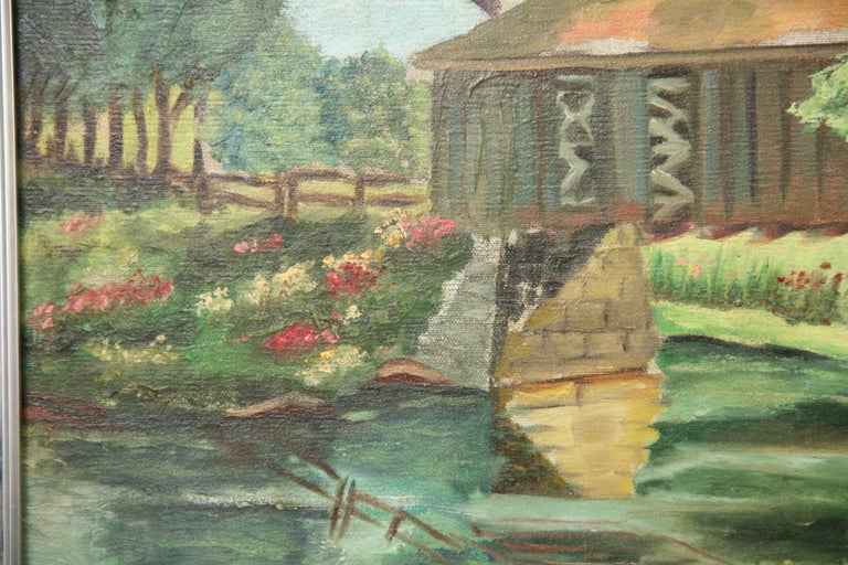 Antique Impressionist Landscape oil Painting Covered Bridge  1940 1
