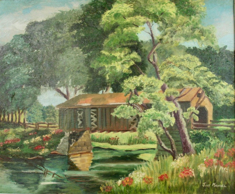 Antique Impressionist Landscape oil Painting Covered Bridge  1940 - Brown Landscape Painting by J.Mandell