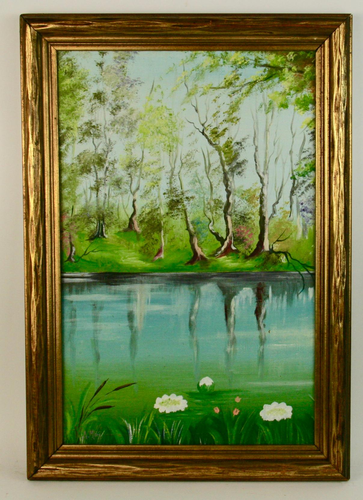 A.Mori Abstract Painting - Antique Impressionist  Lake View Landscape  Painting 1940