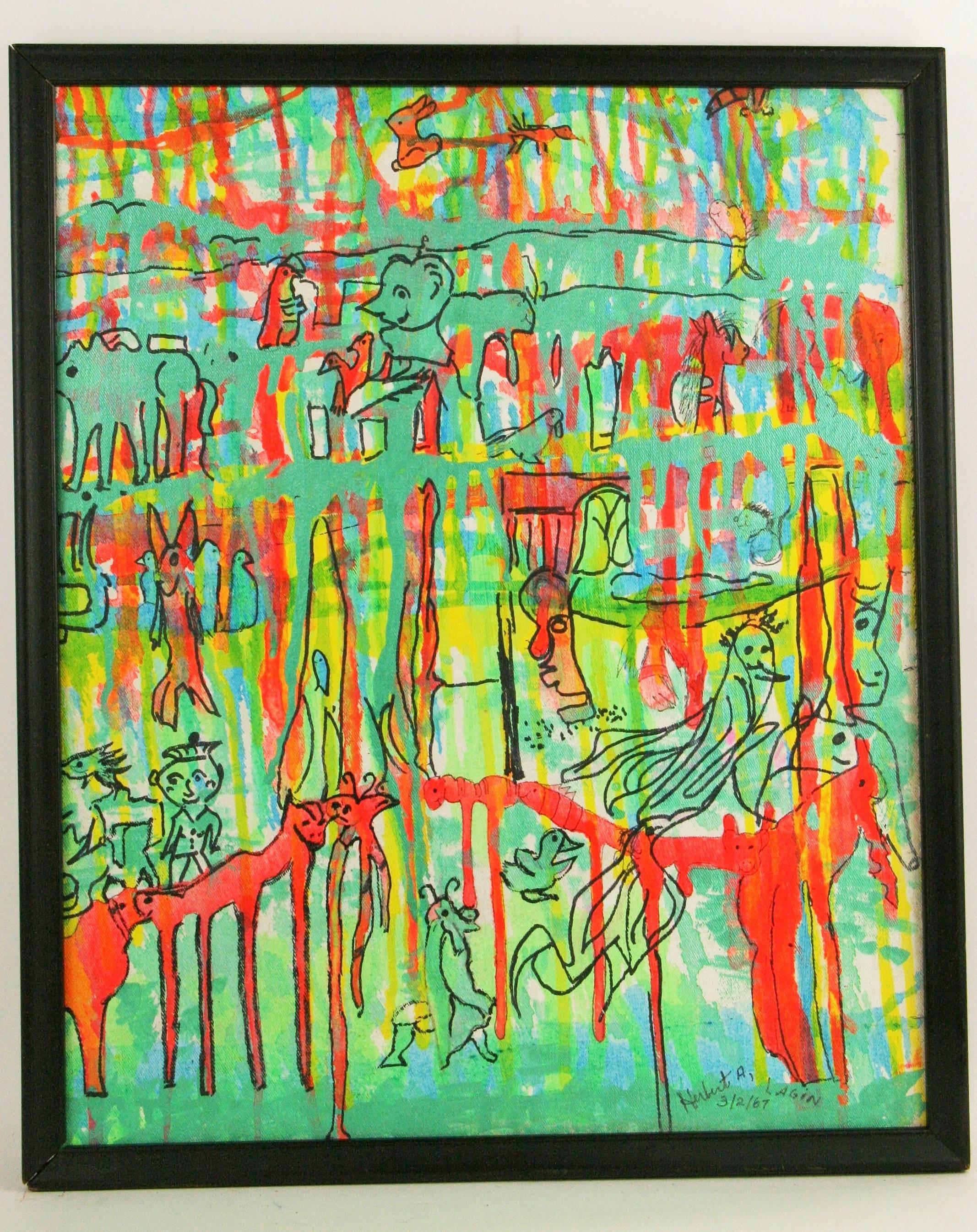 A.Langin Abstract Painting - Abstract Animals Landscape on the Savana Painting by Langin