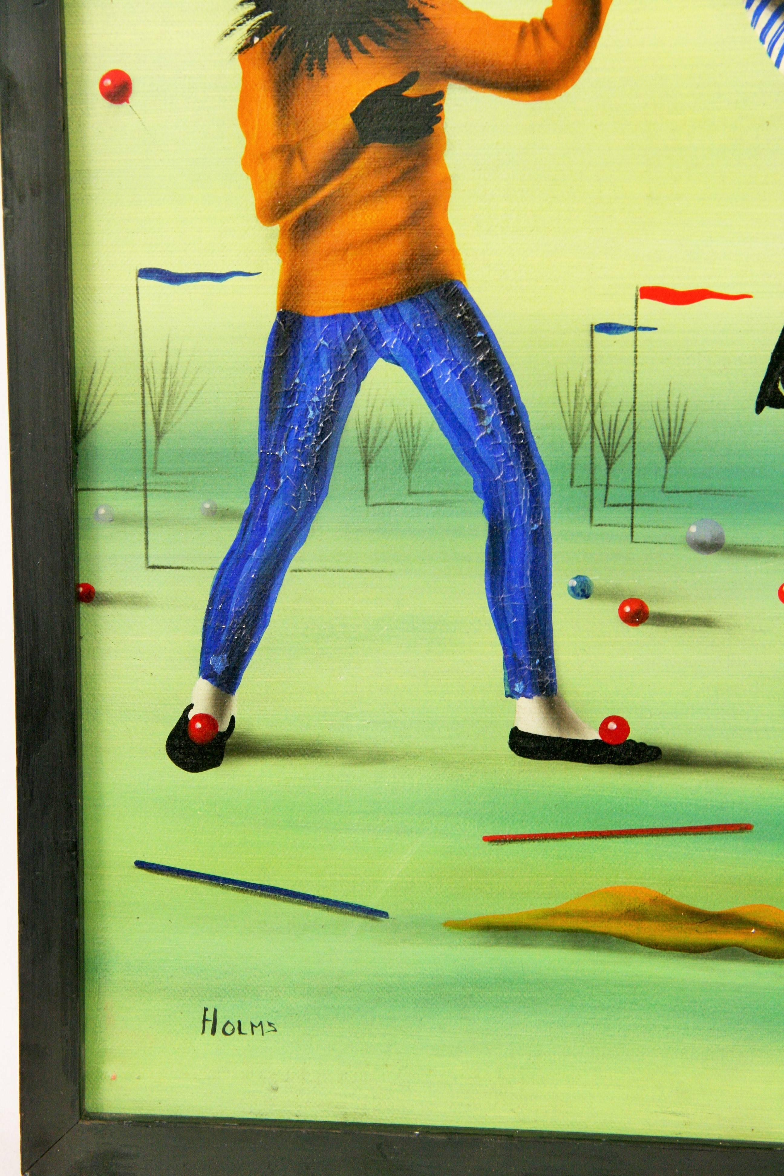 Surreal Circus Clowns - Green Figurative Painting by Holms