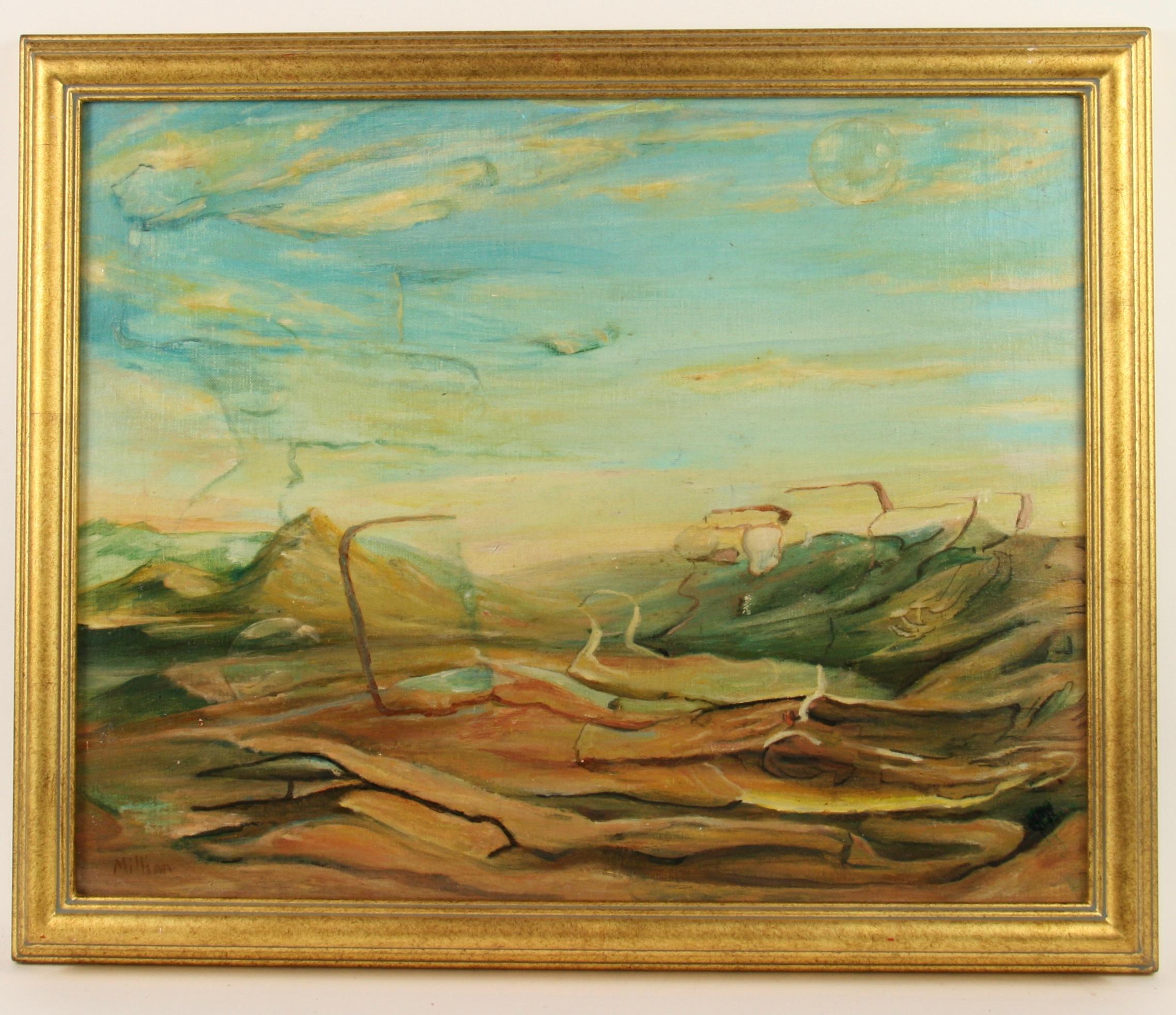 Unknown Abstract Painting - Antique Surreal  Landscape oil Painting  1930 signed Millian
