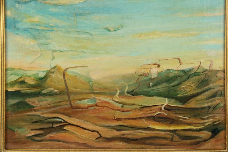 #5-3103a Surrealist Landscape, oil on canvas applied to a board, displayed in a gilt wood frame, signed by Millian 