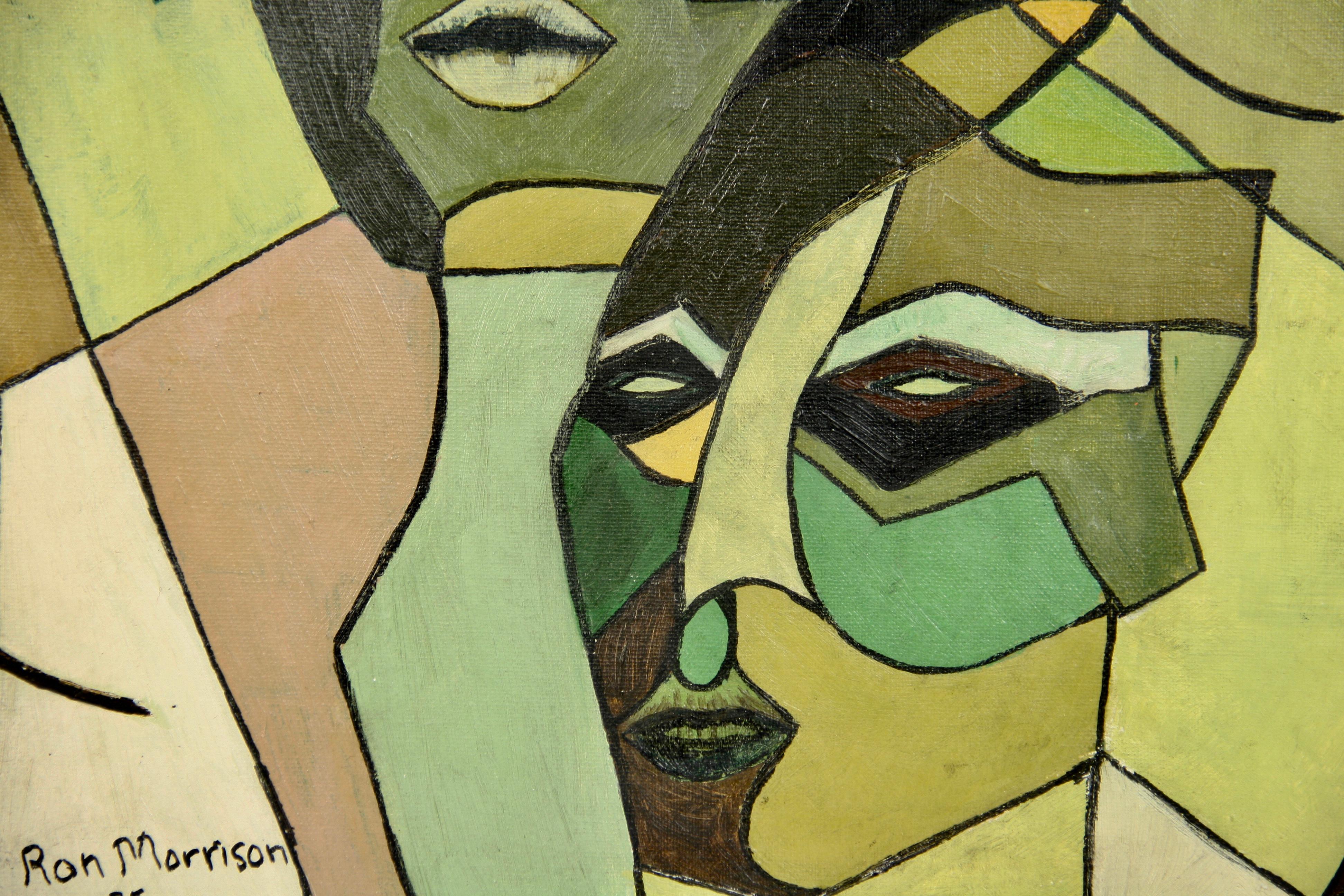Modern Cubic Abstract Figurative Painting The French Lovers 1975 - Beige Abstract Painting by R.Morrison