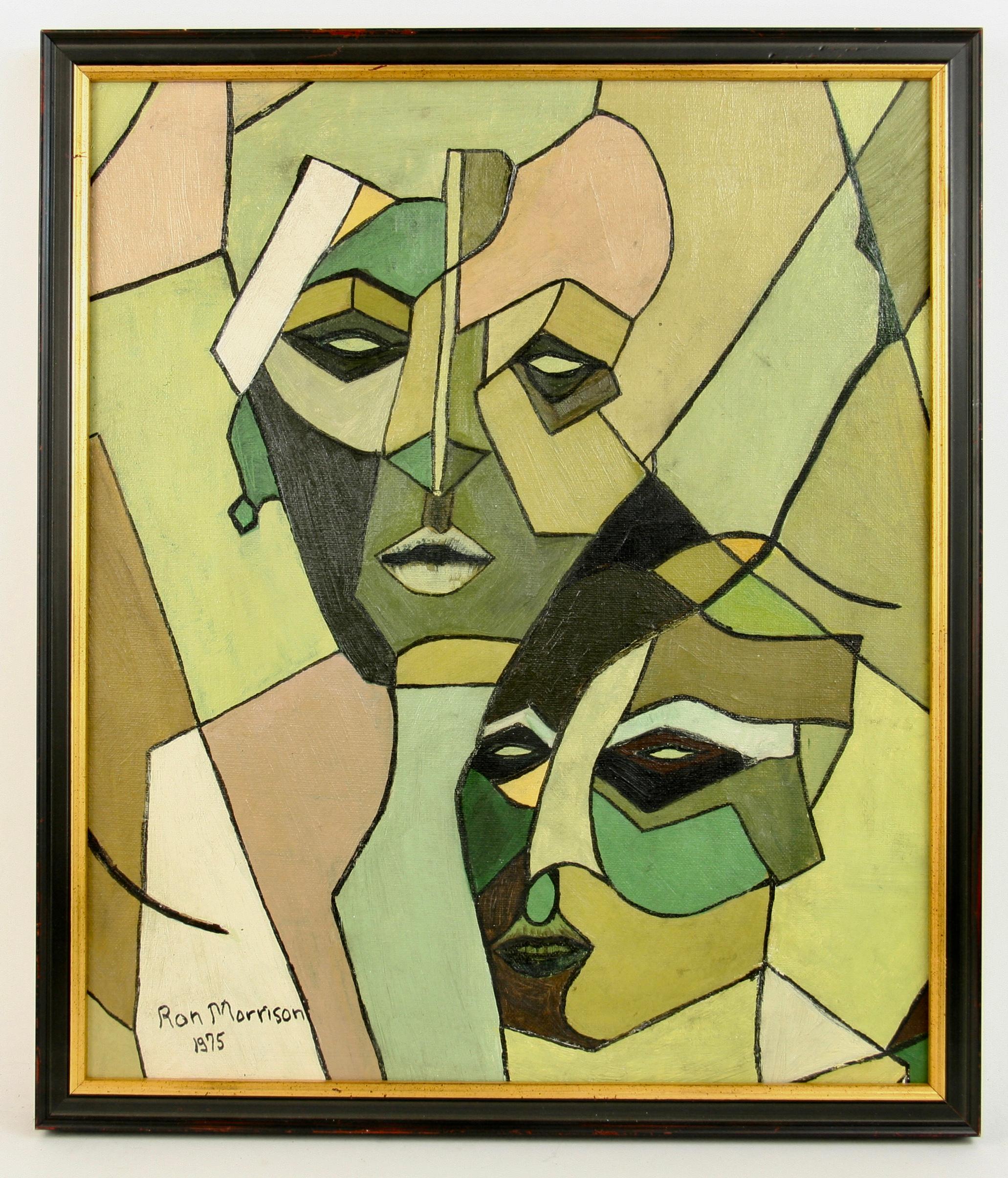 #5-3341a  Cubism  style figurative painting, vintage acrylic on artist board signed by Ron Morrison 1975, displayed in a black -gilt wood frame.Image size 14.75 H x 12.50 W