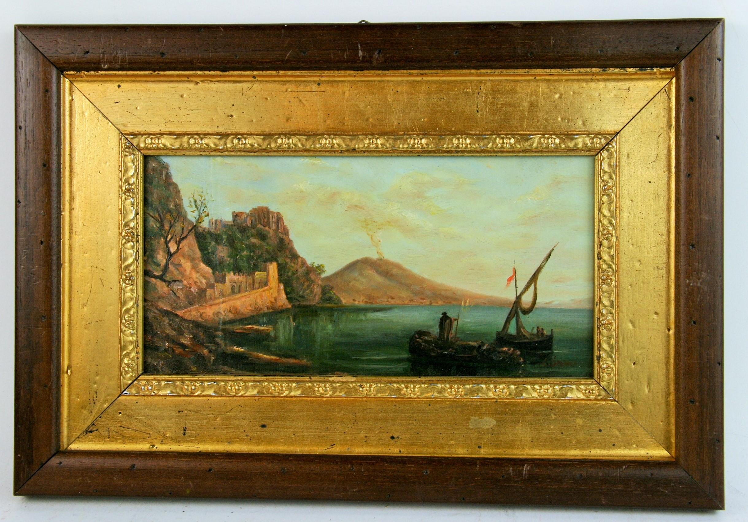 5-3272b  Oil on artist board set in a custom wood and gilt frame image size 5x9.5"1980
