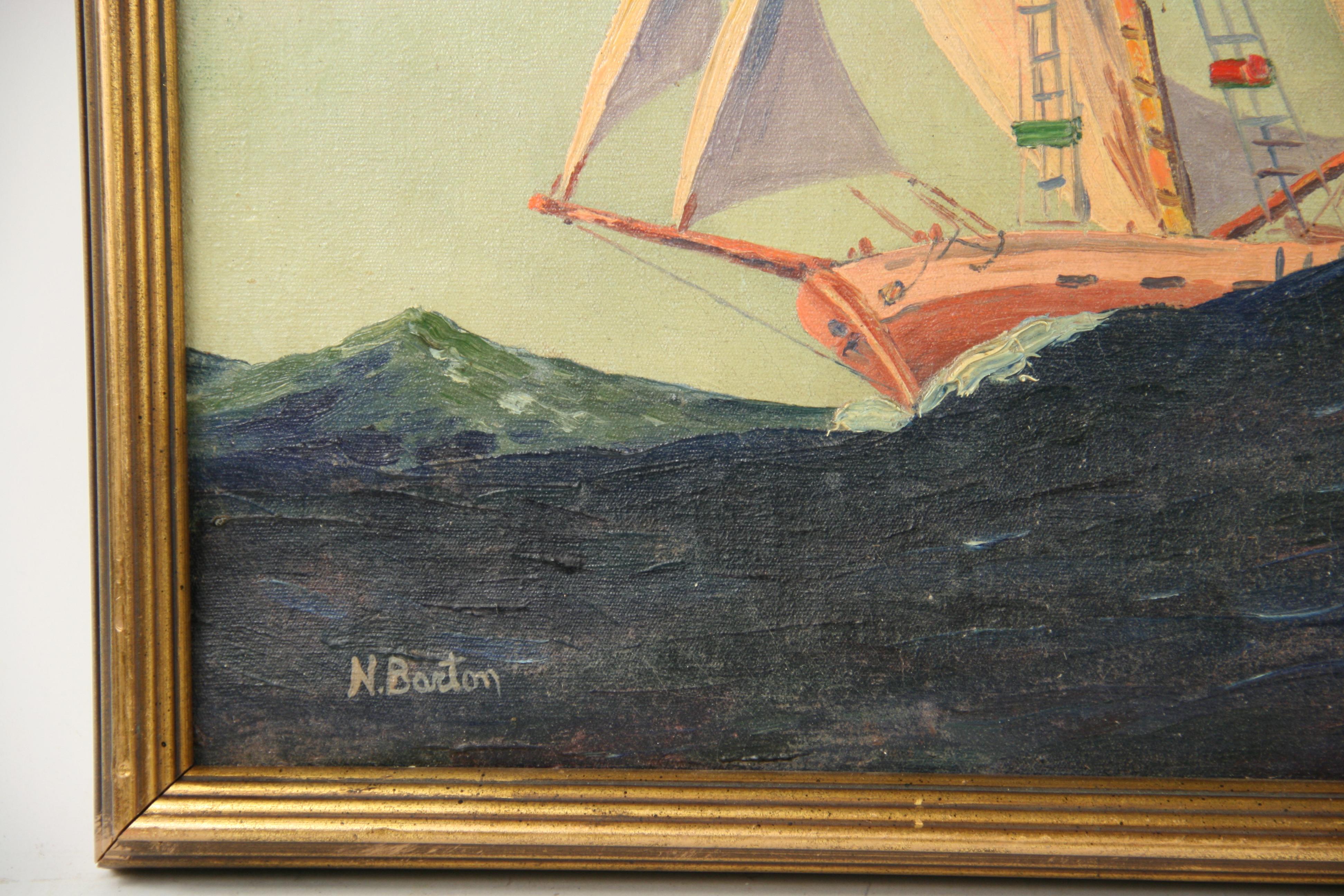 #5-3070a Sailboat, a vintage seascape, oil on canvas applied to a board, displayed in a gilt wood frame, signed by N.Barton lower left.