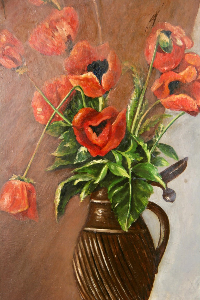 #5-2973 Poppies Still Life,a vintage oil painting on artist board displayed in a hand painted wood frame, signed lower right by Alb.Mayer 1953.