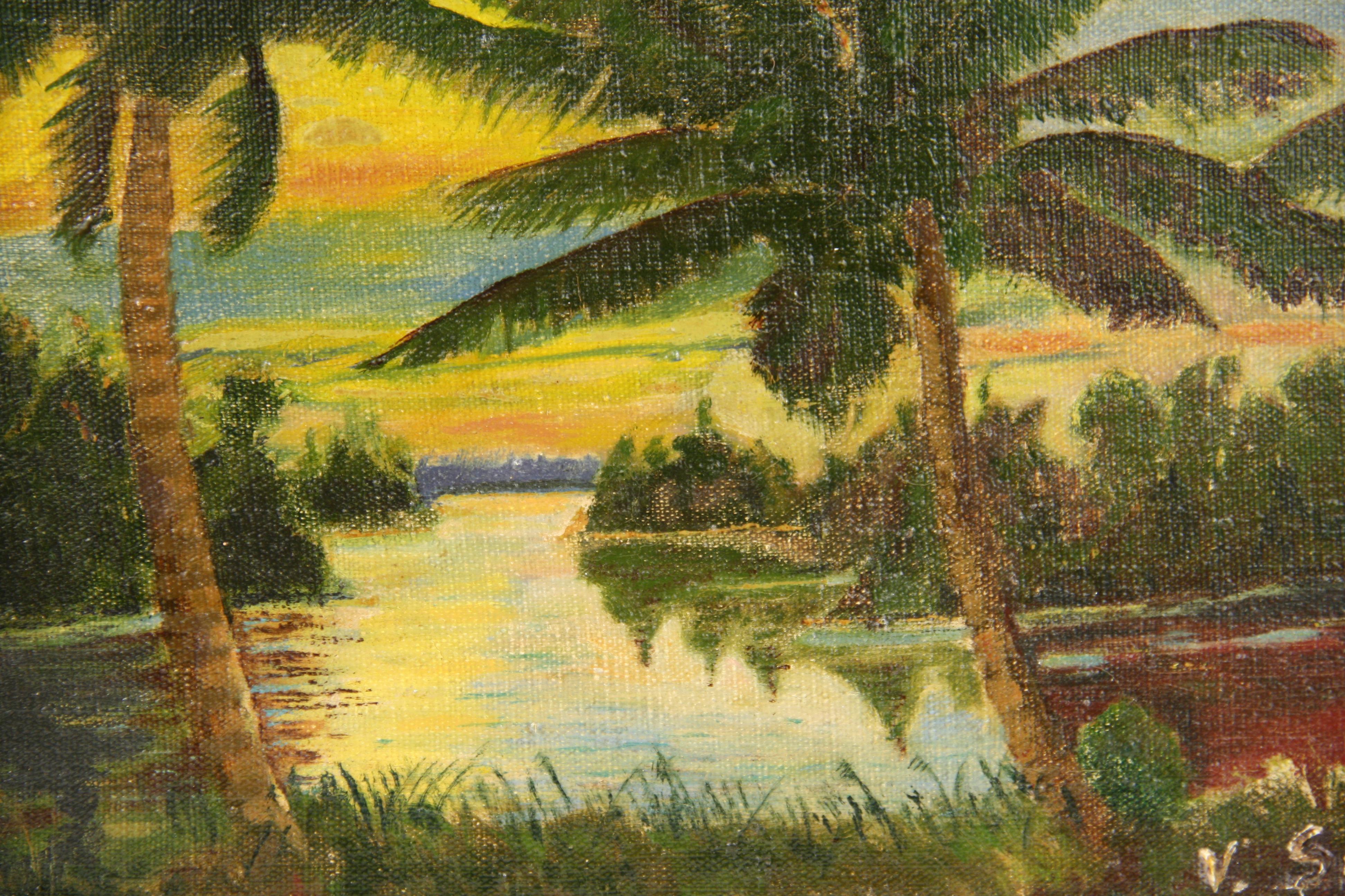 Tropical Sunset Landscape - Brown Landscape Painting by V.Sumner