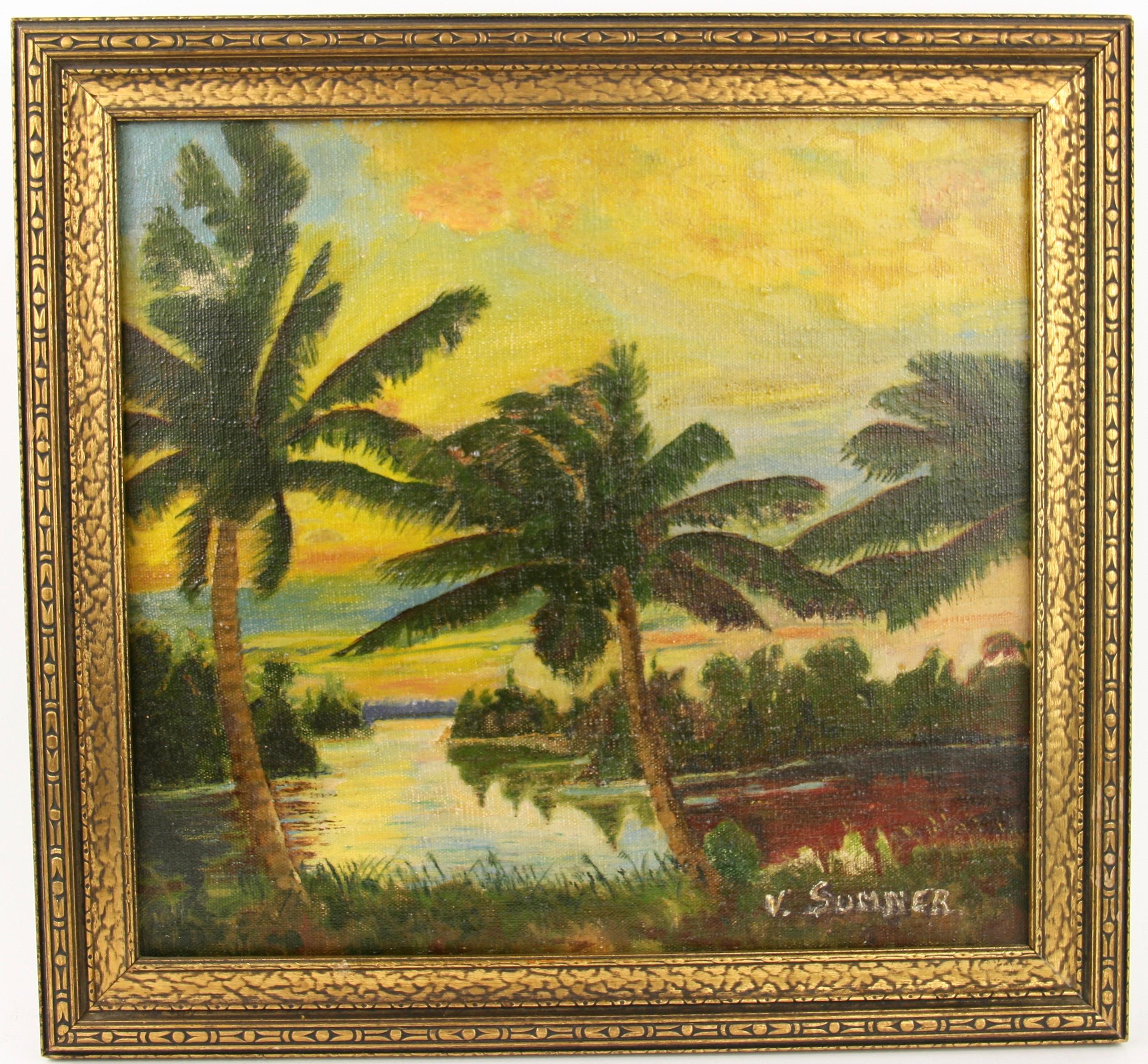 5-3096 Oil on canvas of a tropical sunset
Set in a vintage gilt wood frame