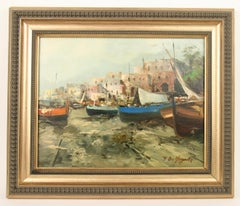 Vintage  Impressionist Italian Fishing Boats in a Harbor oil Painting 1950