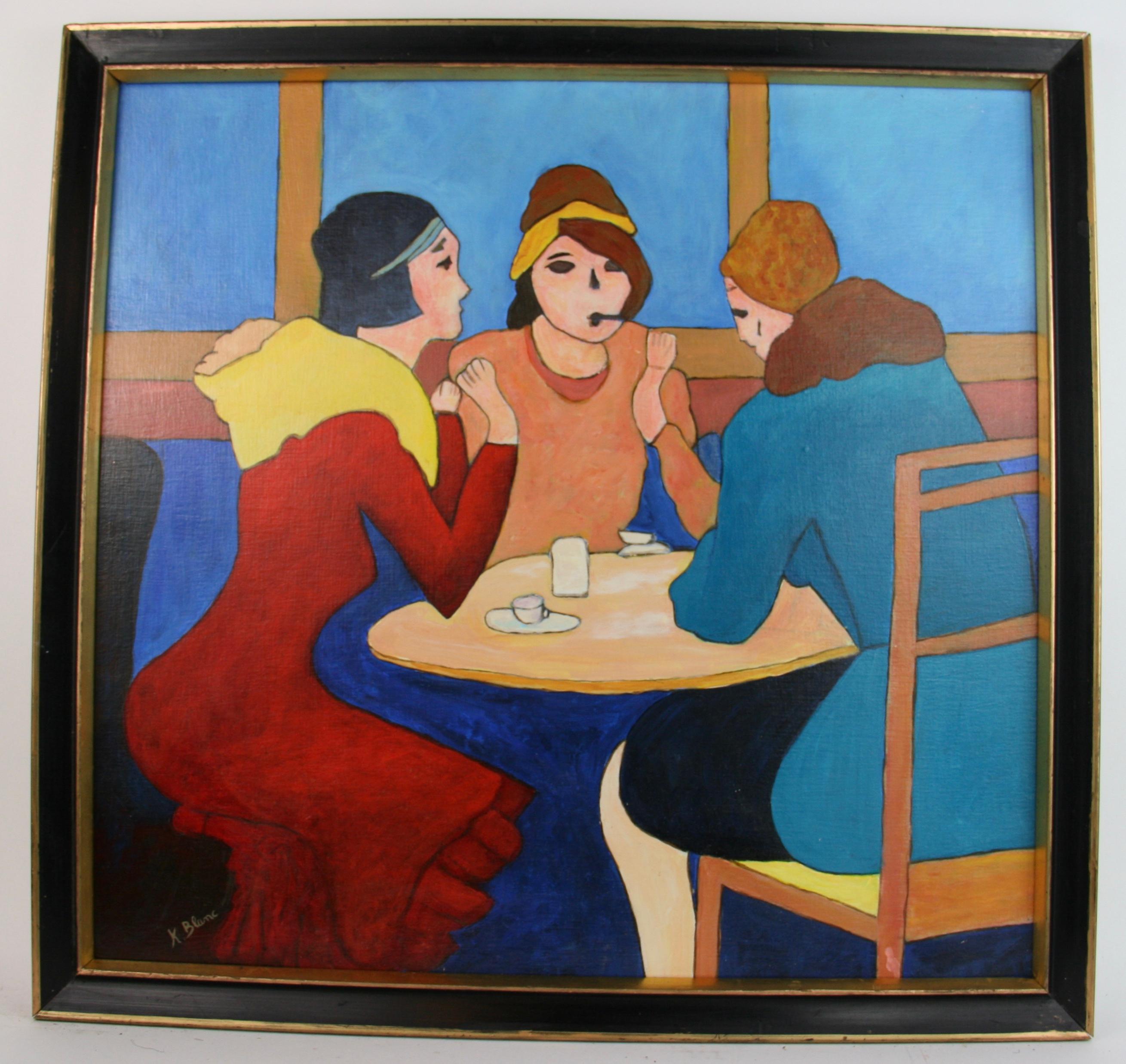 Blanc Abstract Painting - Mid Century French Cafe Gathering Female  Figurative Painting