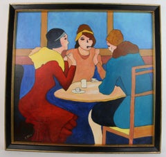 Mid Century French Cafe Gathering Female  Figurative Painting