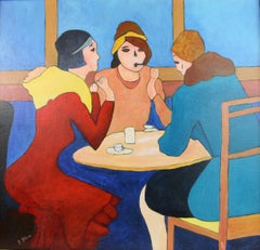 Mid Century French Cafe Gathering Female  Figurative Painting