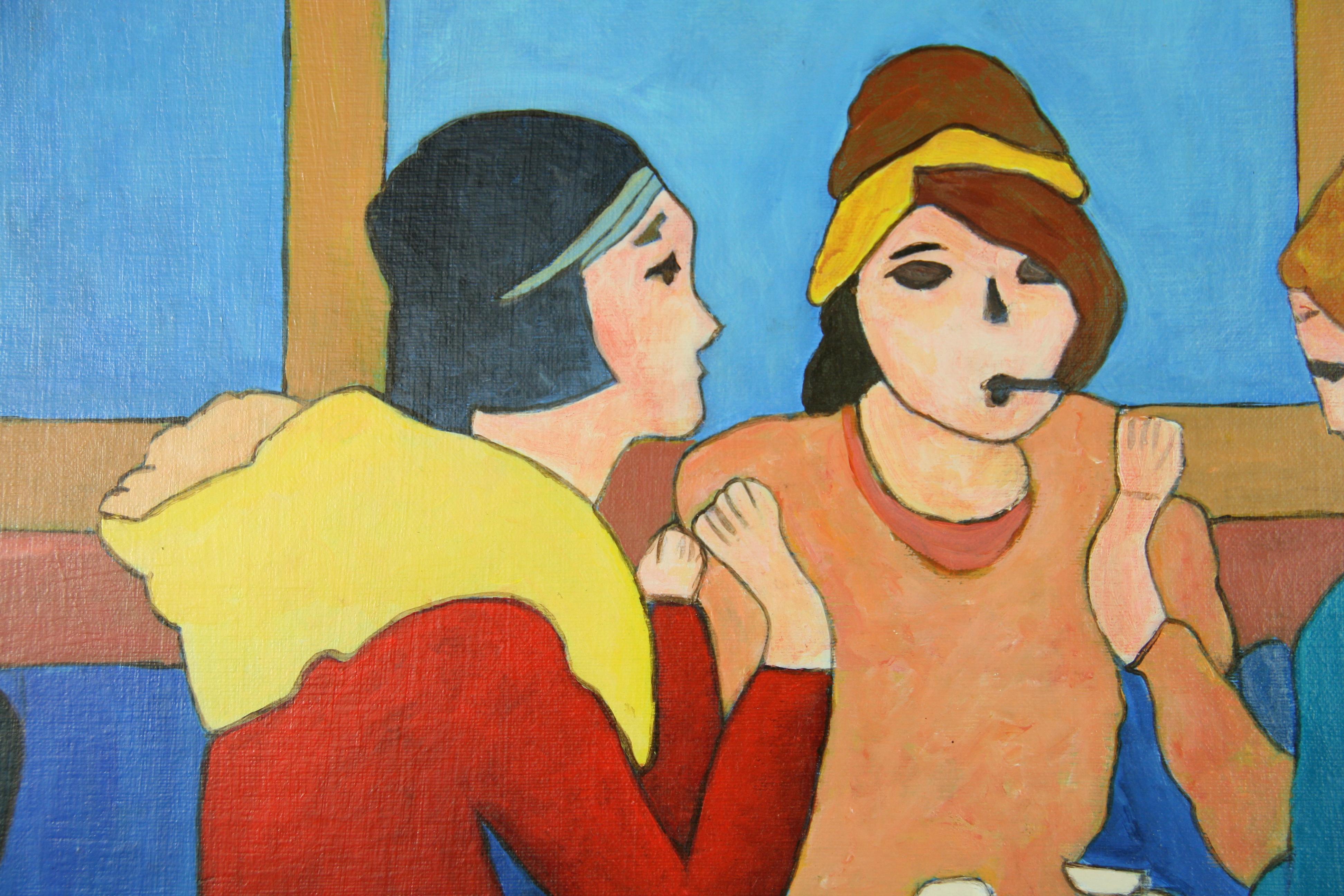 #5-3148 Conversation ,a figurative painting, acrylic on board displayed in a vintage  black-gilt trim wood frame, signed by Blanc.Image size 23H x 24 W
Some wear on frame