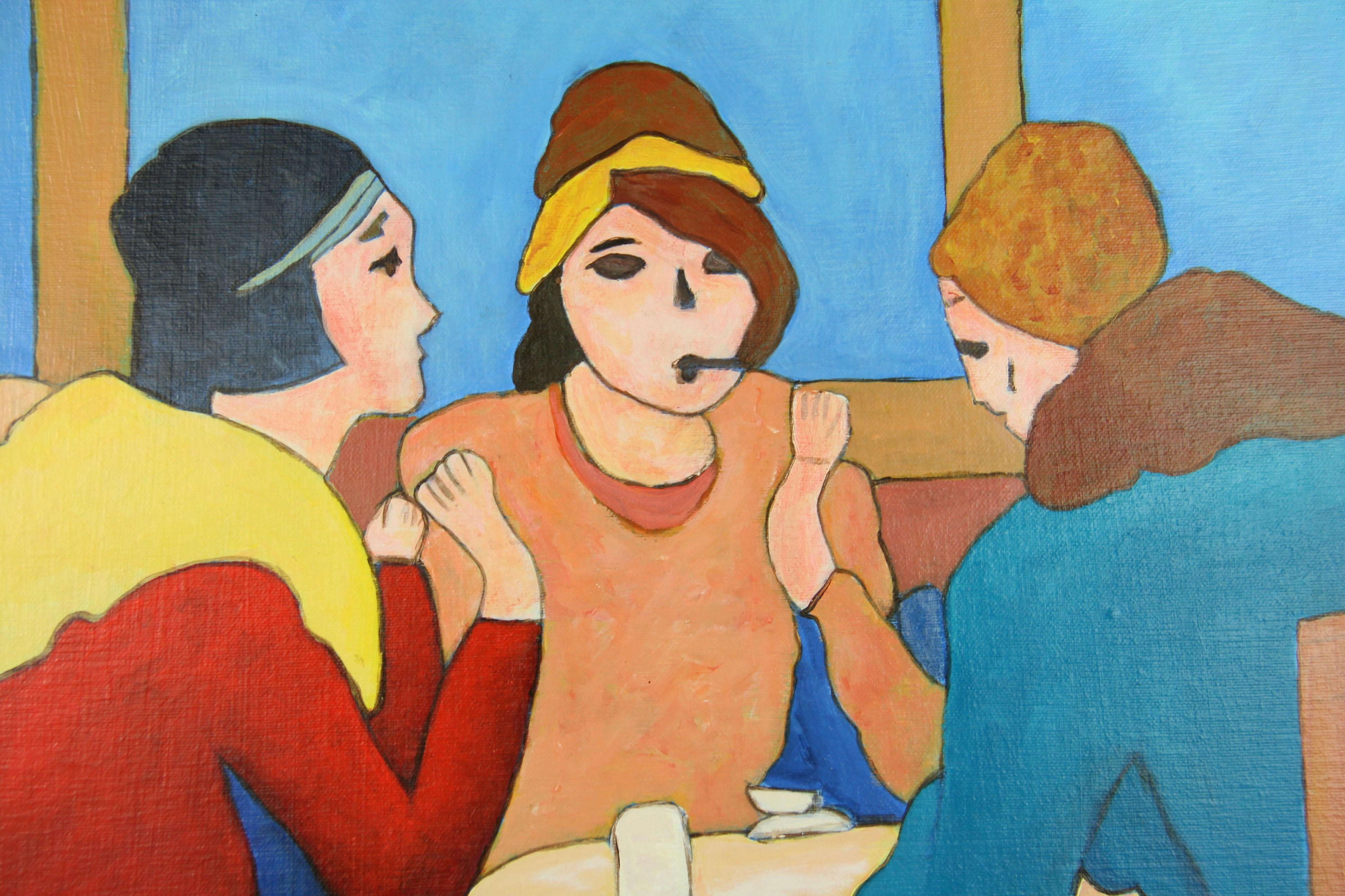 Mid Century French Cafe Gathering Female  Figurative Painting 1