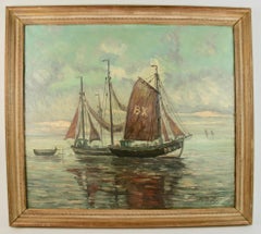Antique Scandinavian Oil  Painting  Fishing Vessels Seascape 1920