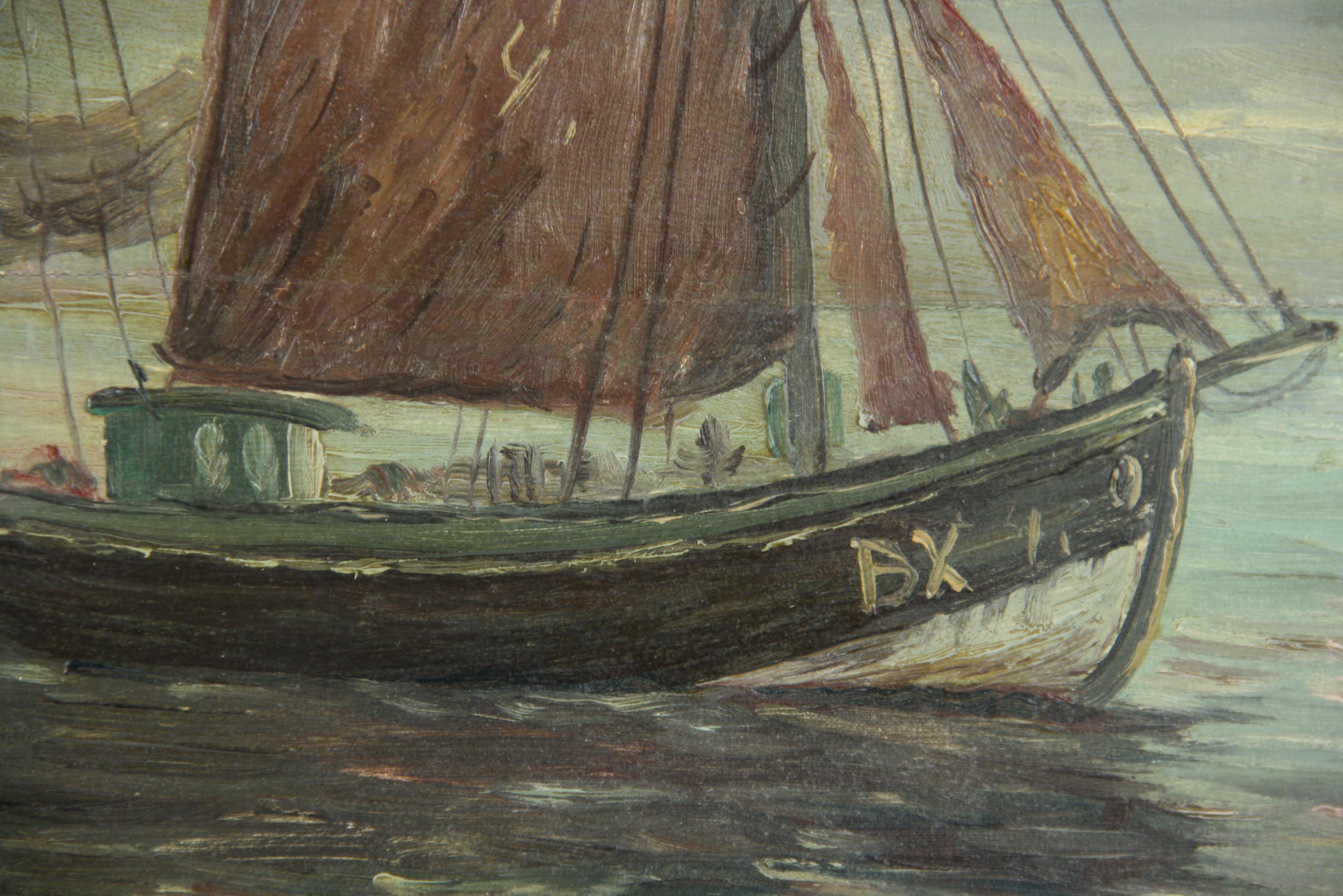 Antique Scandinavian Oil  Painting  Fishing Vessels Seascape 1920 1