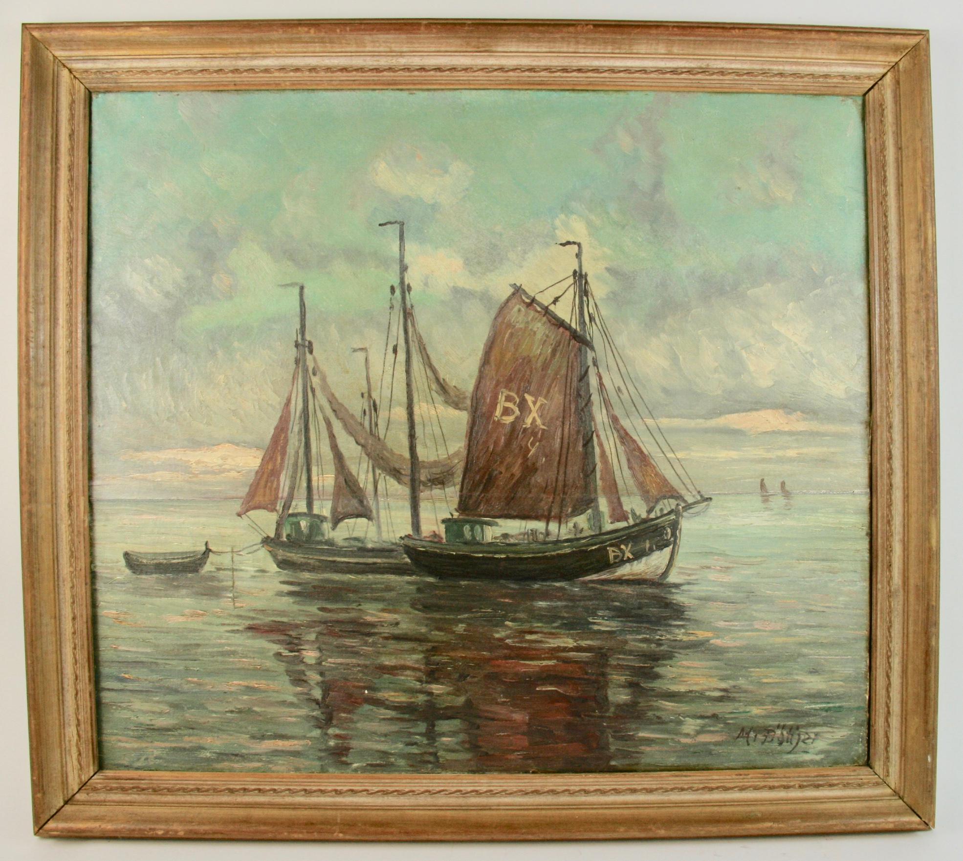 Antique Scandinavian Oil  Painting  Fishing Vessels Seascape 1920 3