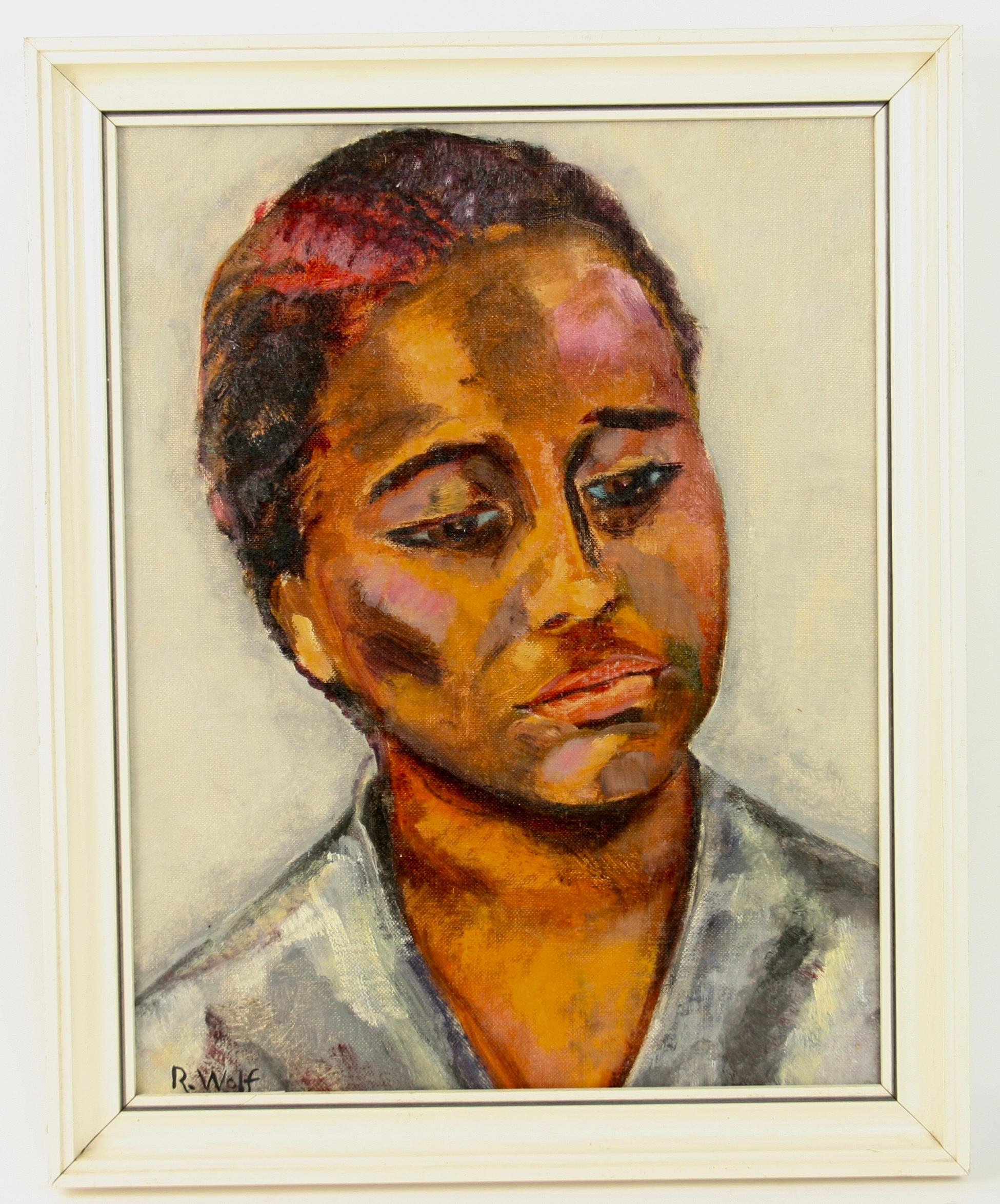 5-3233 Caribbean Female Portrait, acrylic on artist board set in a vintage wood frame signed by R.Wolf