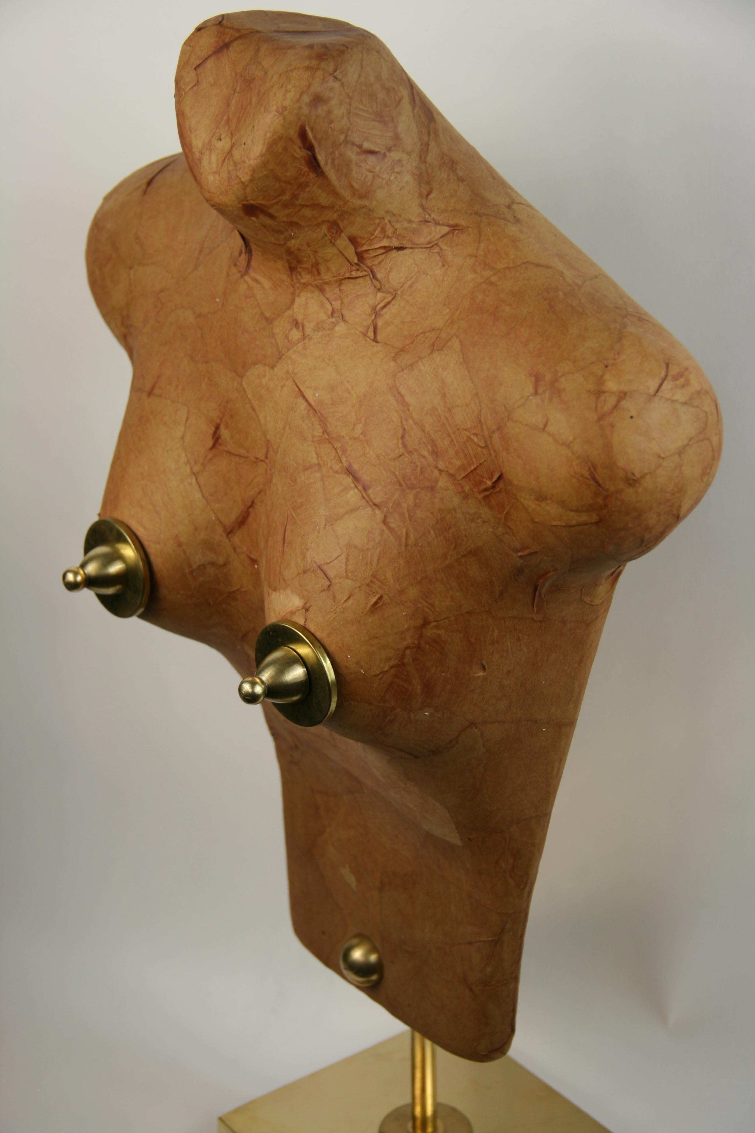 8-273 Hand made torso sculpture covered with Japanese paper set on a brass base made by Brunelli 1970