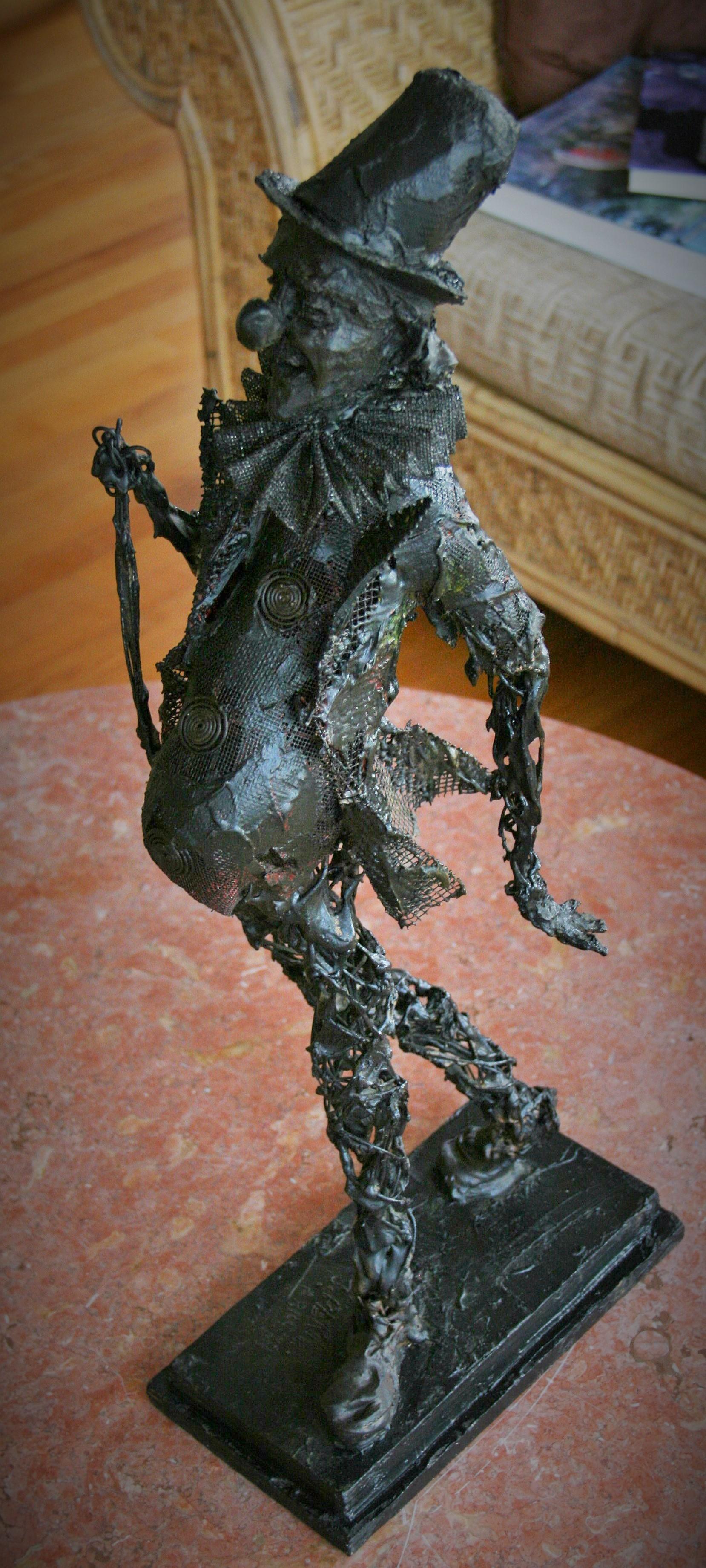 8-216 Hand made wire figural sculpture on a stepped wood base signed J.Pena 74