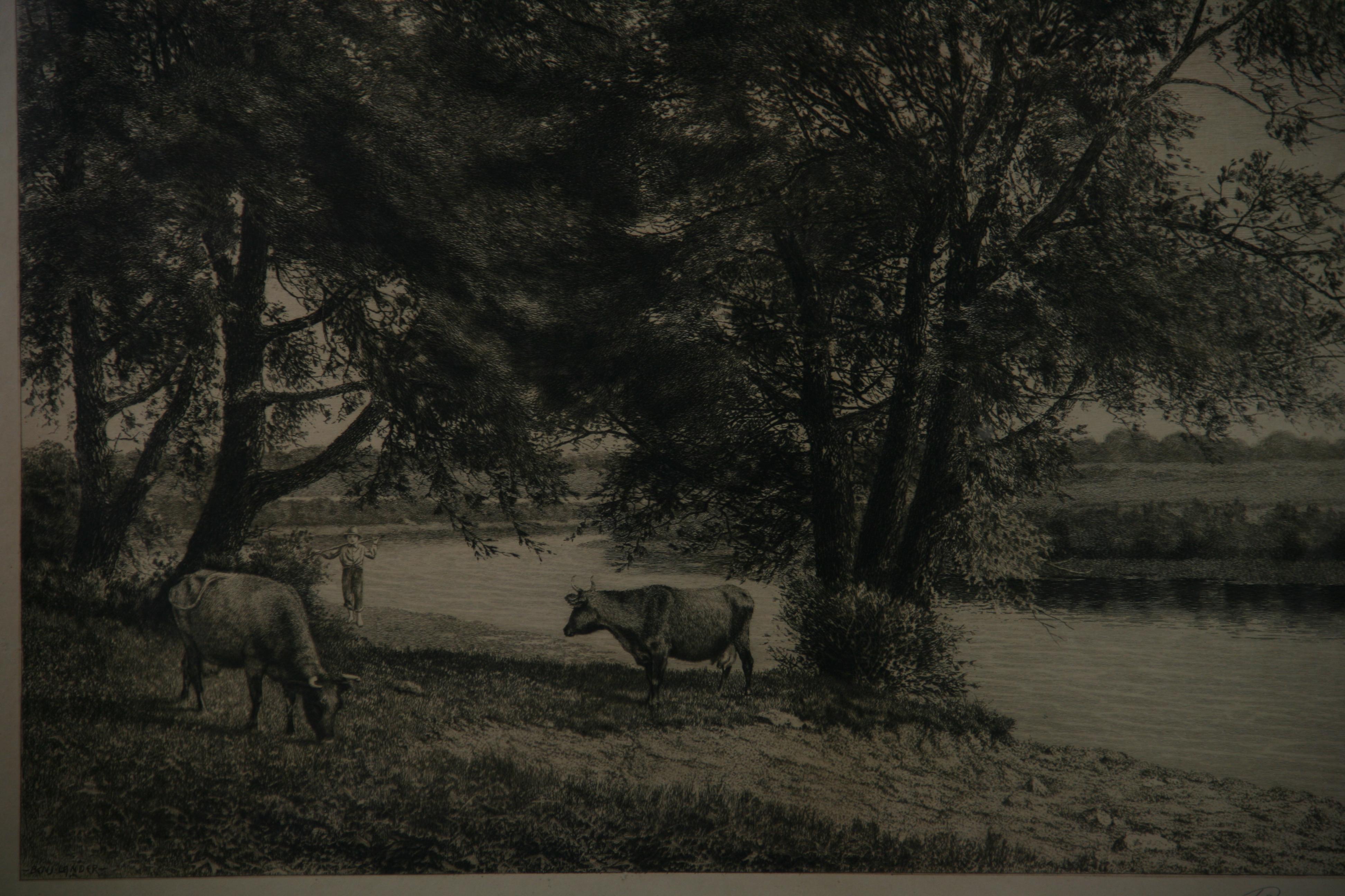 Antique English Engraving Bucolic Landscape 1885 1