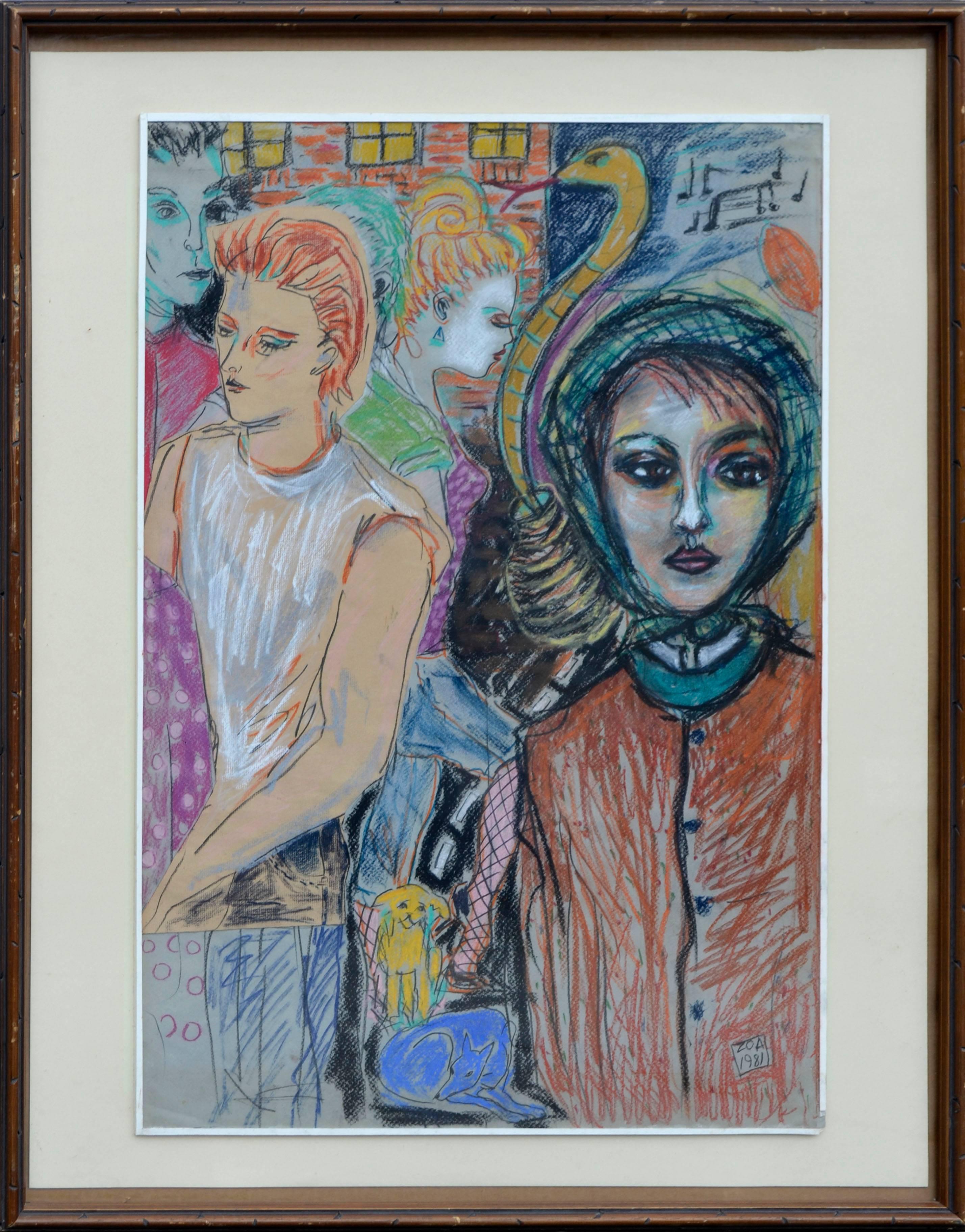 Zoa Ace Figurative Art - 1980's Figurative -- David Bowie, Iman and Friends