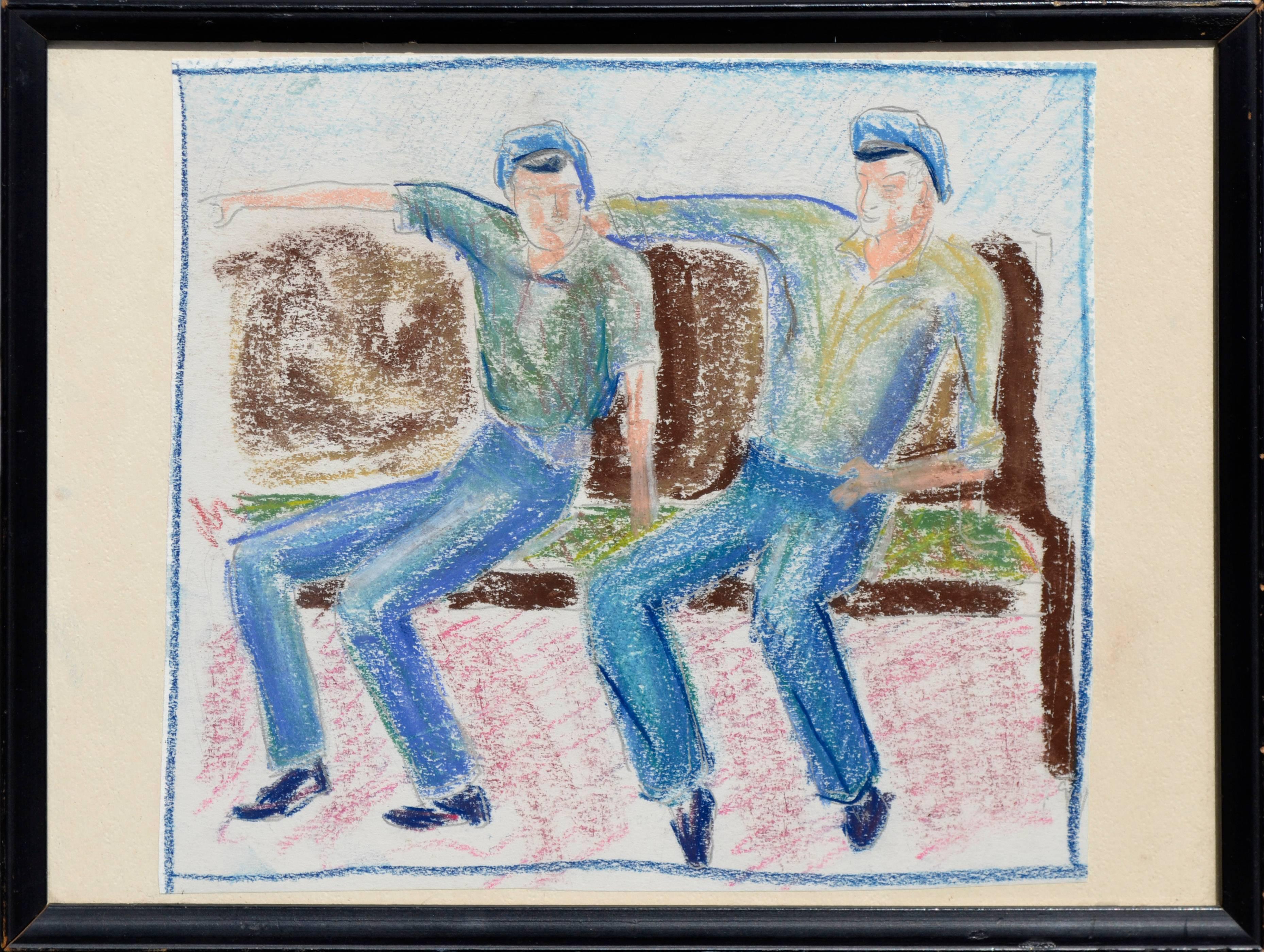 Pastel drawing of two men in uniform wearing berets by Clark Blocher. Circa 1940. Presented on an ivory mat board with rustic black wood frame. Image, 9.13"H x 9.75"W. 
Blocher was born at Kalispell Montana, and studied at the university of Kansas.