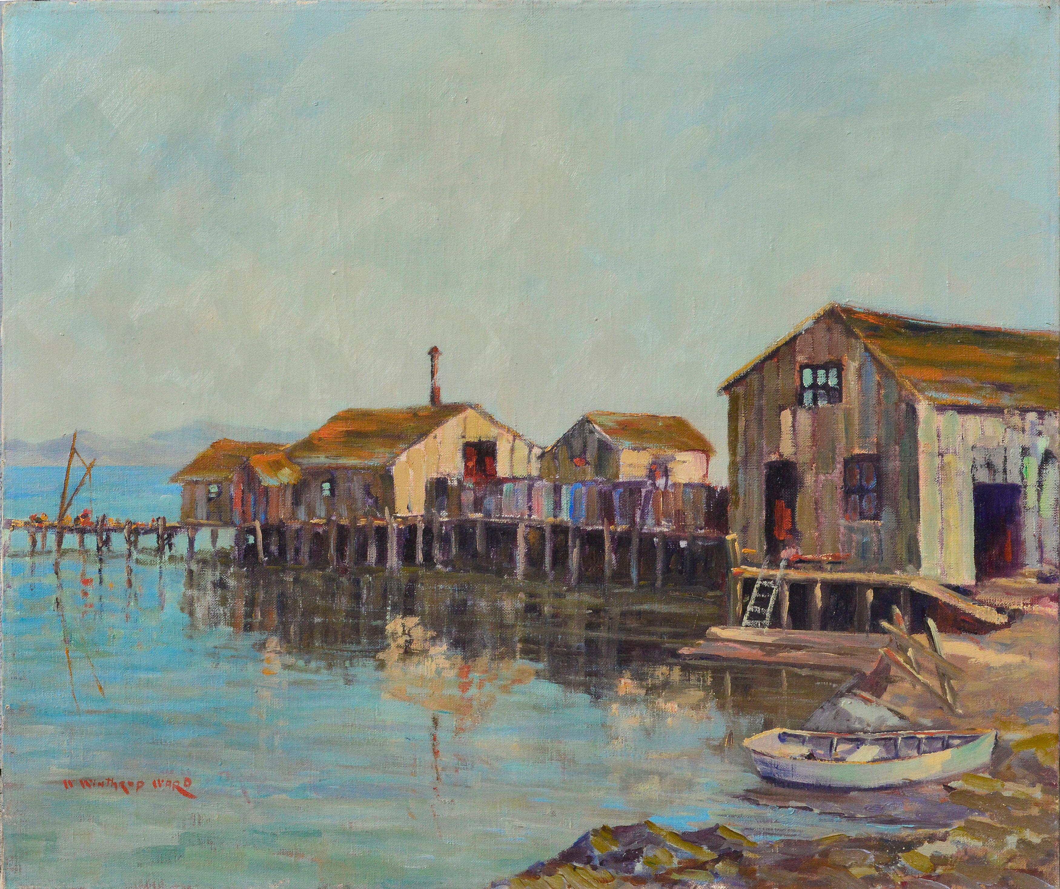Pillar Point Fishing Dock, Half Moon Bay - Mid Century Landscape - Painting by William Winthrop Ward
