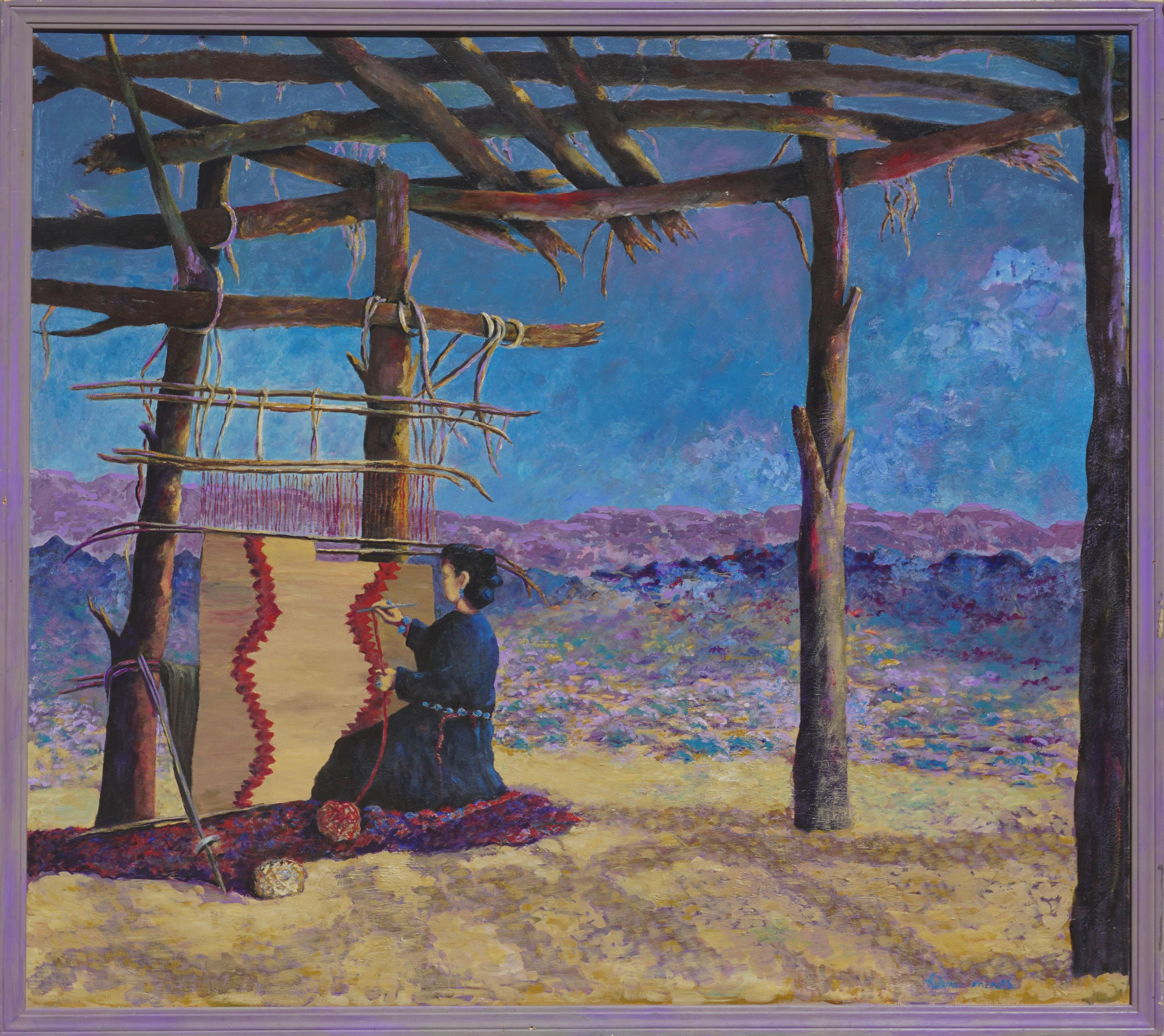 Helene Minelli  Figurative Painting - "The Weaver" - Large Scale Navajo Figurative Landscape 