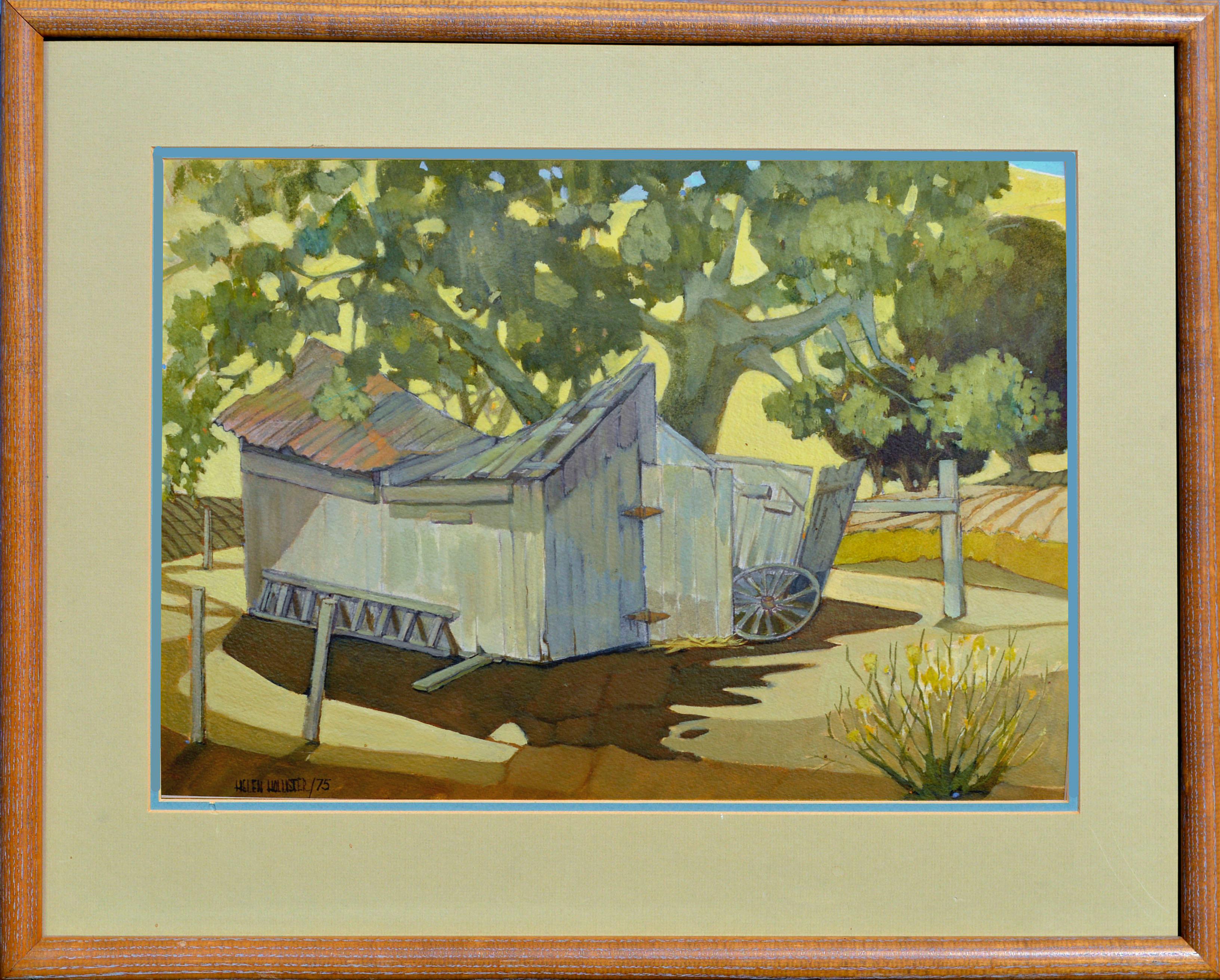 Helen A. Hollister Landscape Painting - "Wagon Shed" - 1970s San Louis Obispo Farm Landscape