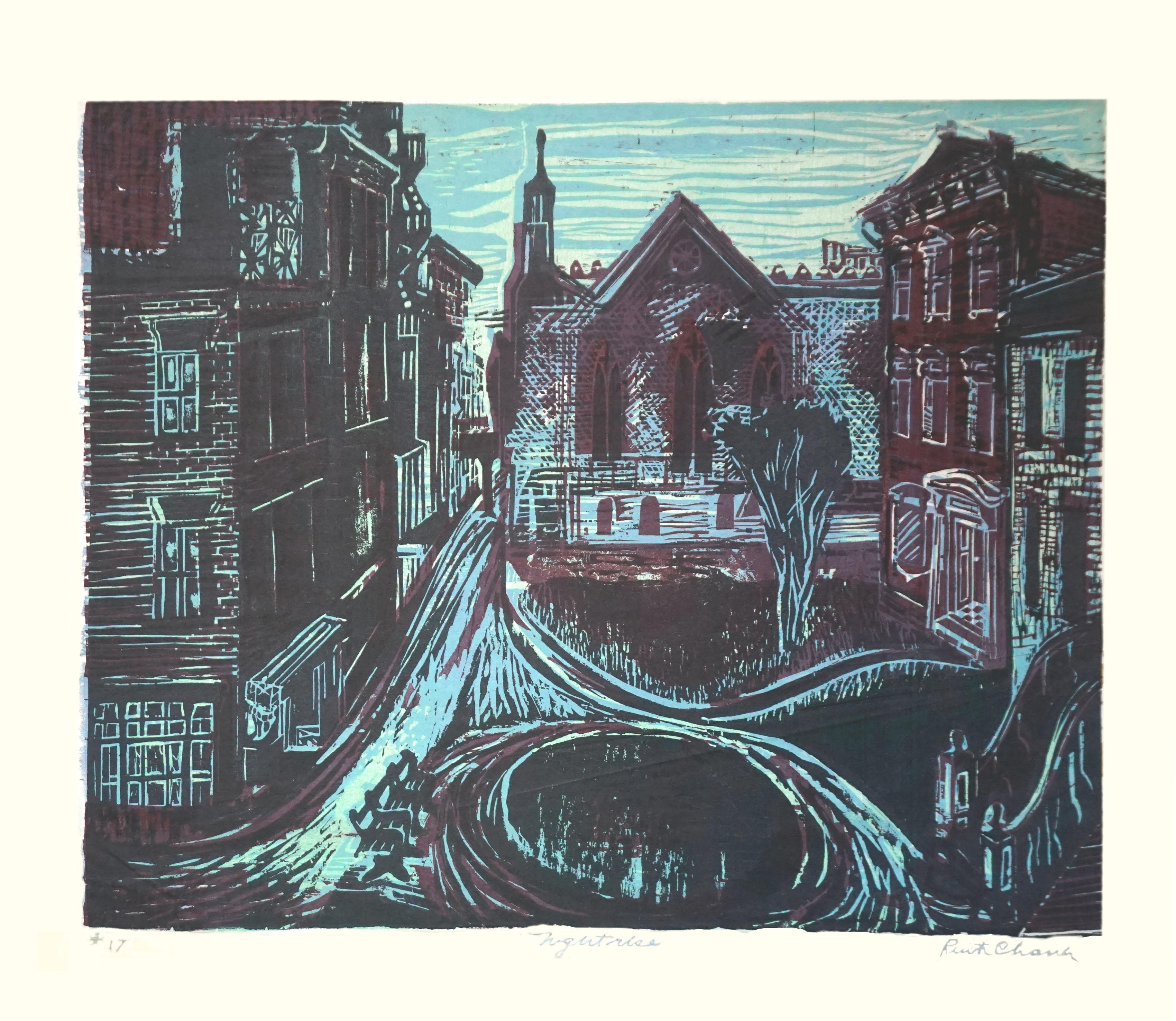 Ruth Chaney Landscape Print - Nightrise Woodcut, 1939