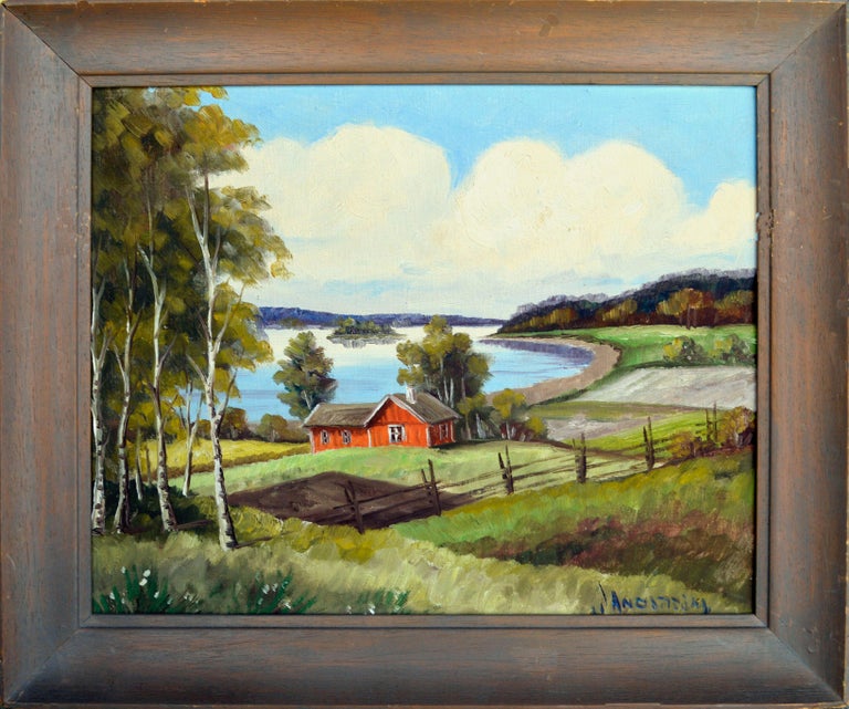 J. Anderson Landscape Painting - Mid Century River & Farm Landscape