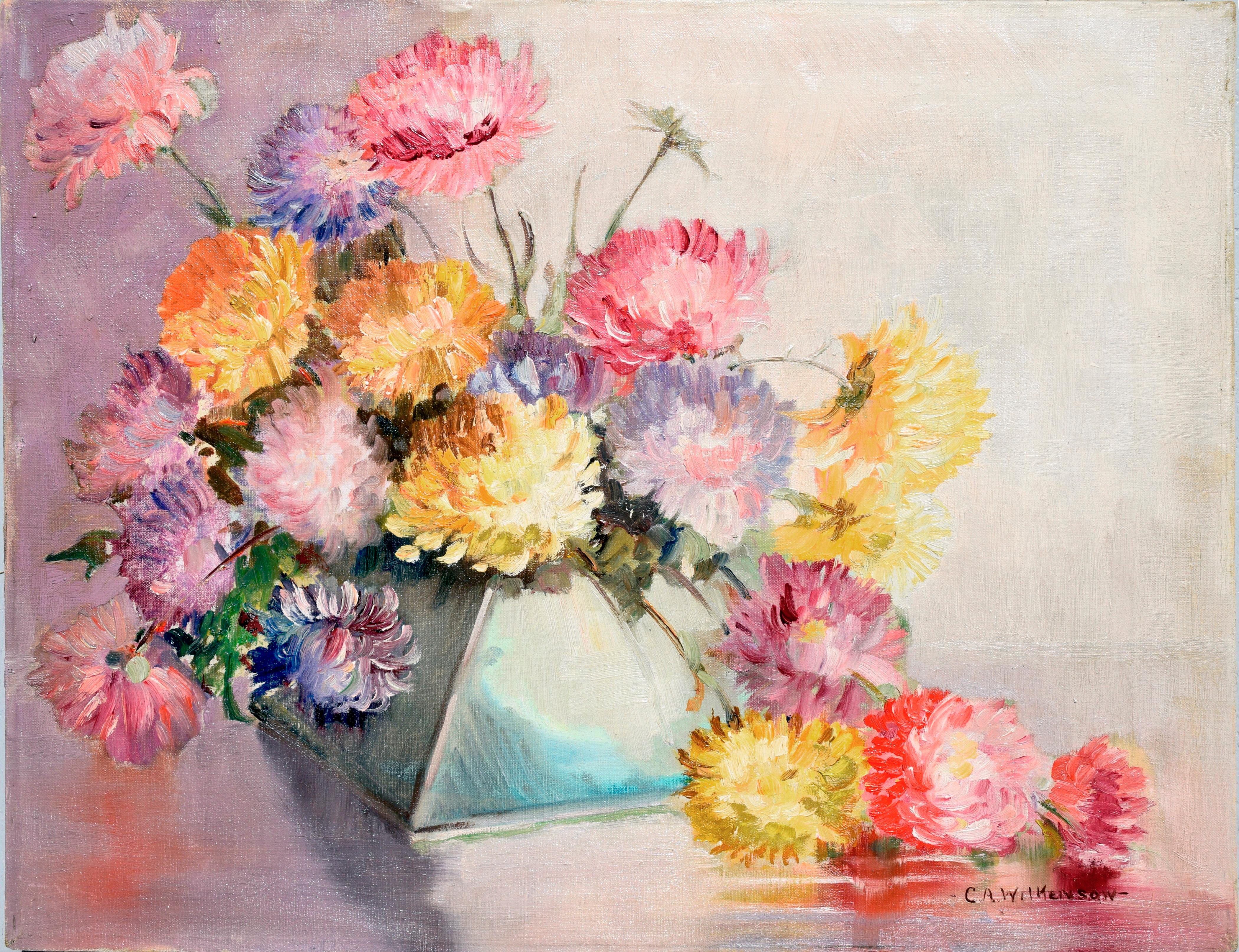 Mid Century Chrysanthemums in Deco Vase Still-Life 