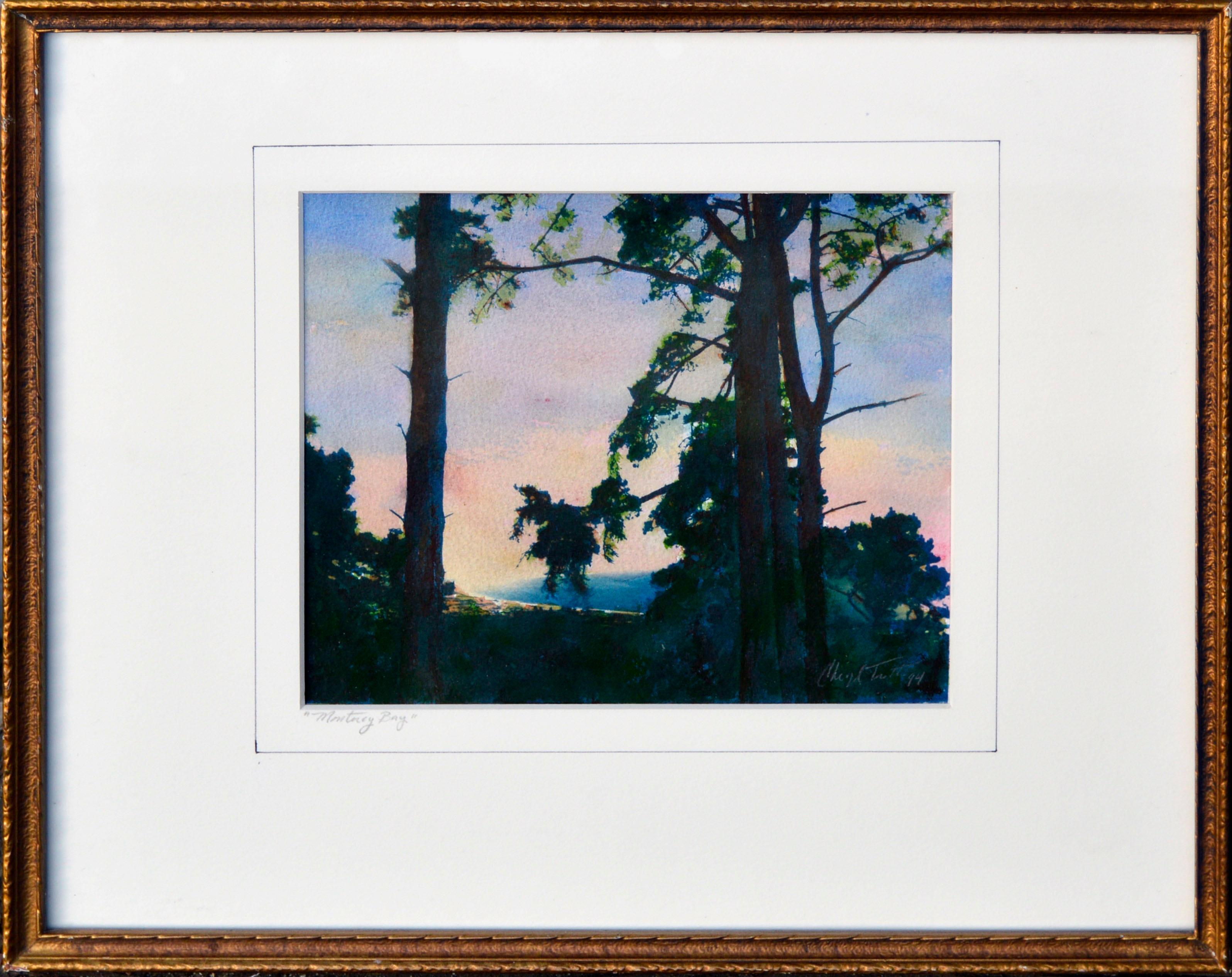 Cheryl Trotter Landscape Photograph - "Monterey Bay" - California Coastal Trees, Cyanotype / Watercolor Landscape