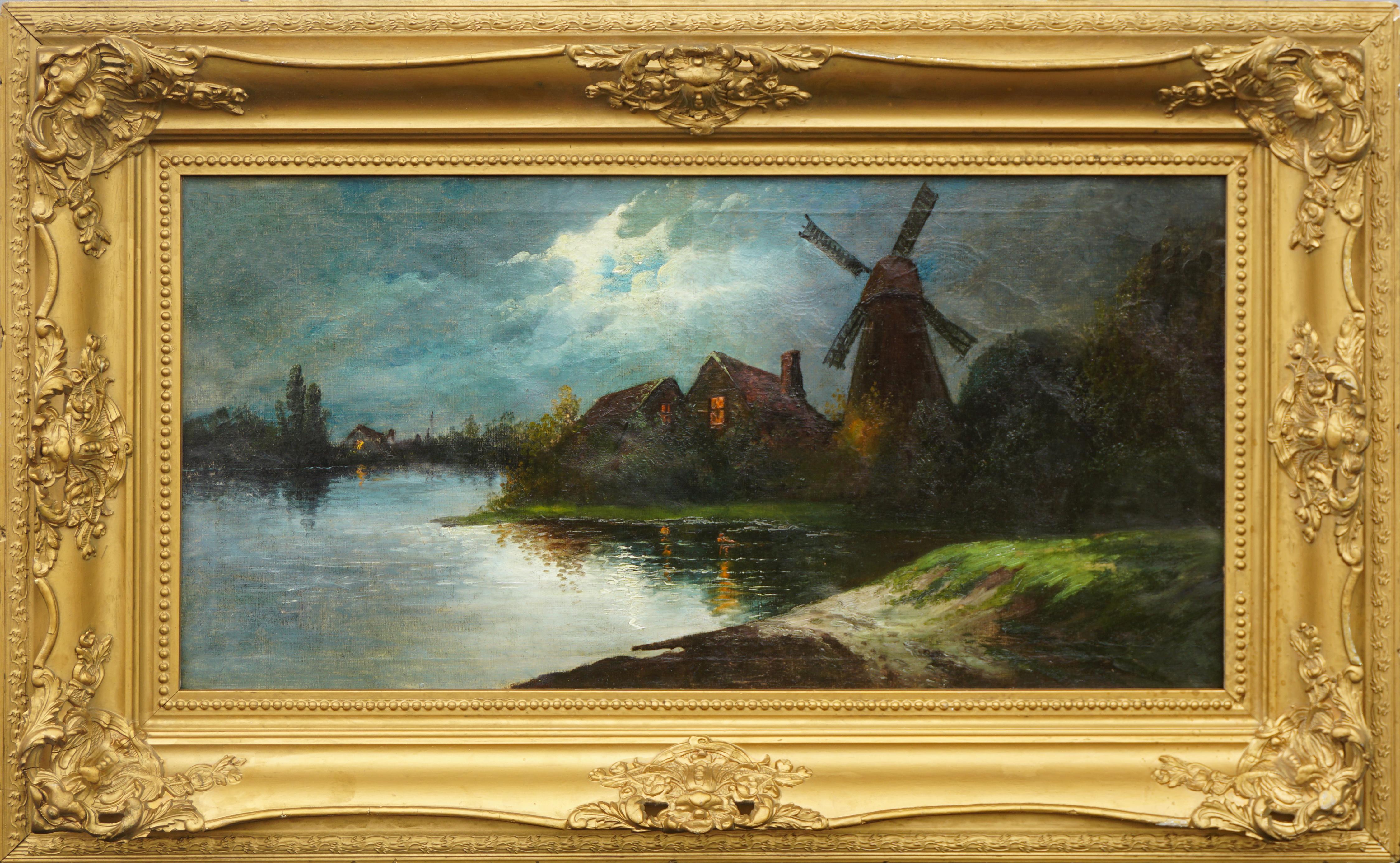 Unknown Landscape Painting - Late 19th Century Nocturnal Windmill Landscape