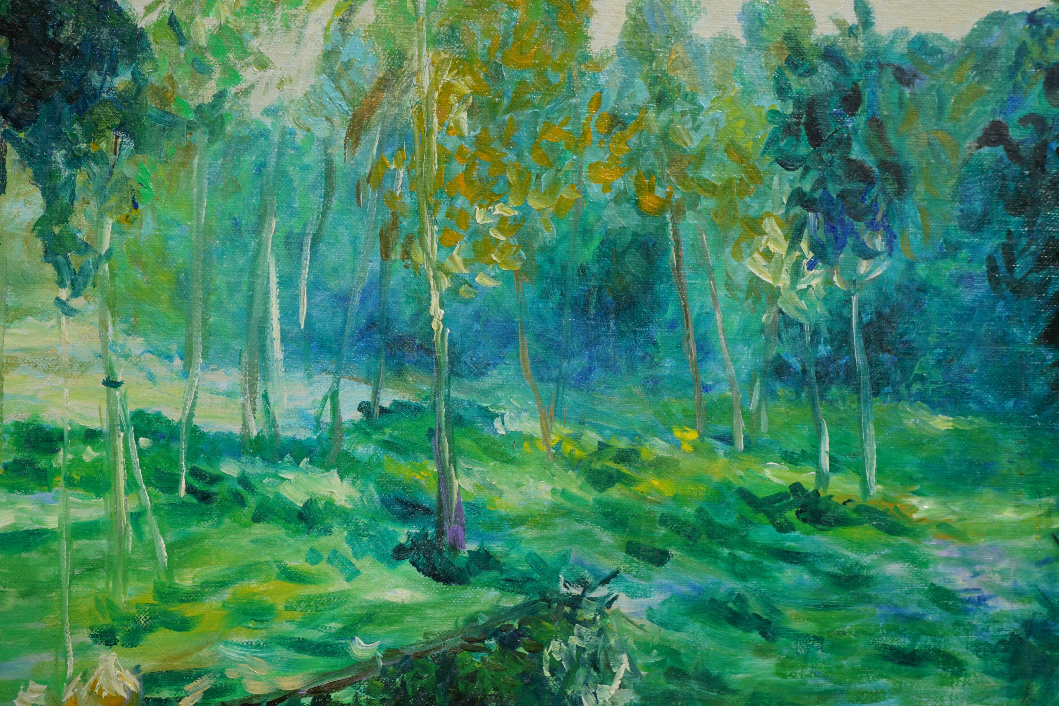 Abstrakte fauvistische Birkenbaum-Landschaft im Fauvismus-Stil (Grau), Landscape Painting, von Libby Beth Seligman