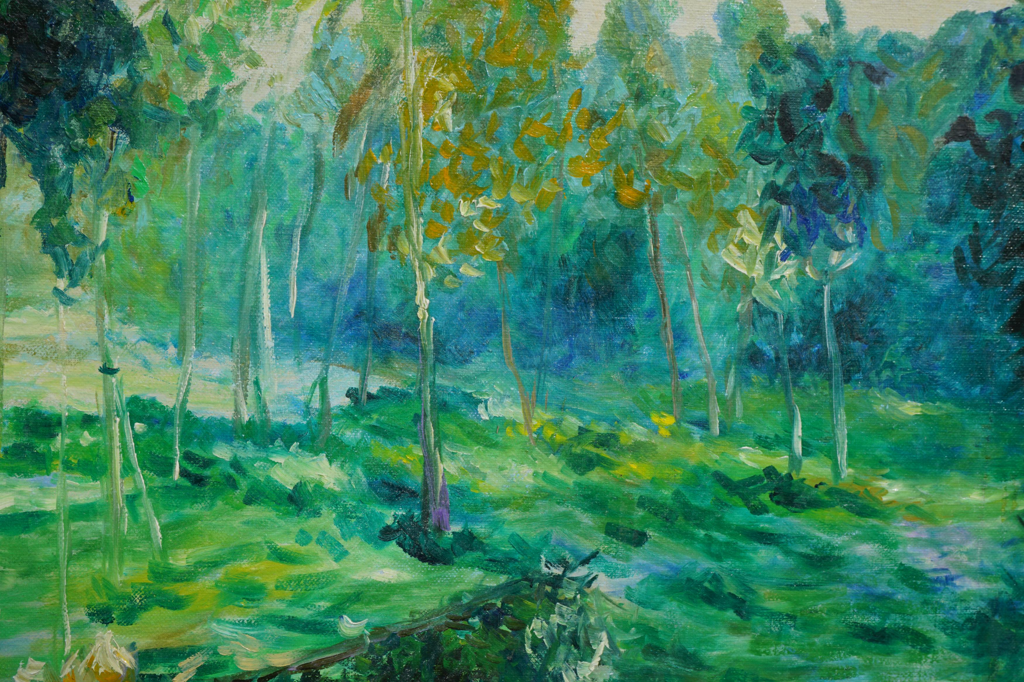 Vieux paysage fauviste abstrait en bois de bouleau - Fauvisme Painting par Libby Beth Seligman