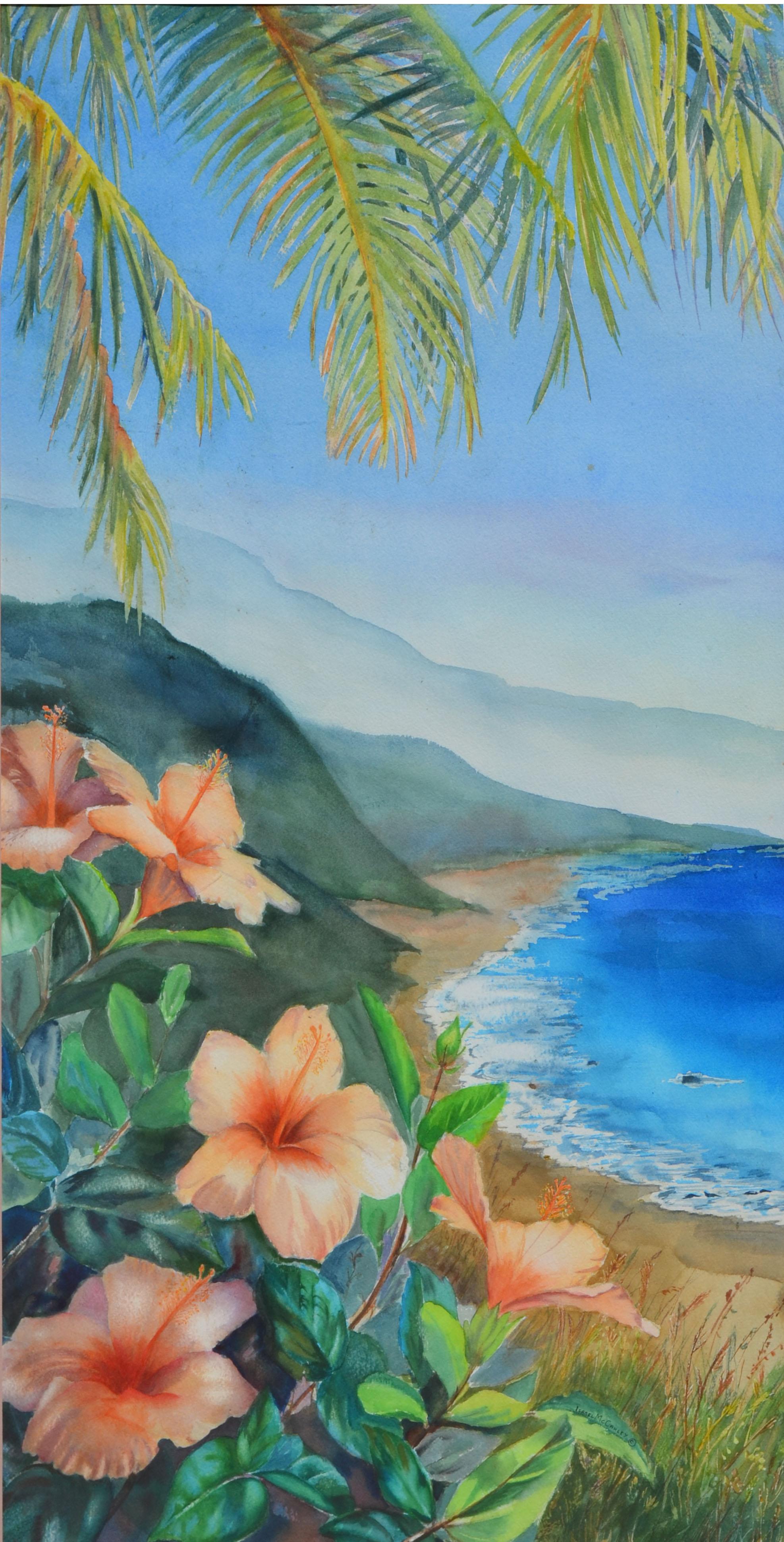 Trittico di grandi dimensioni con paesaggio ad acquerello -- Paradise Cove - Landscape Painting Grigio di Isabel McCauley