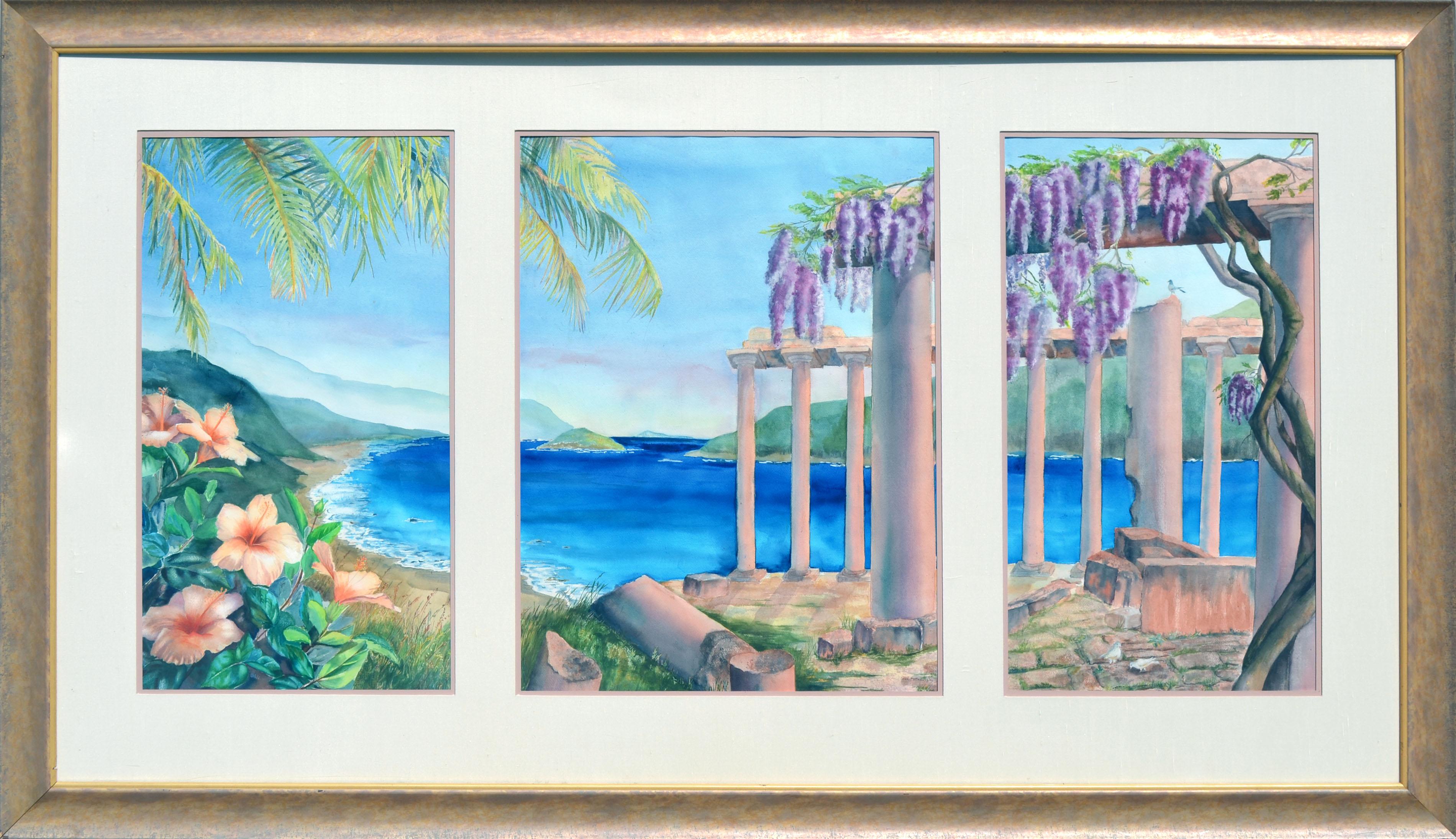 Isabel McCauley Landscape Painting - Large Scale Triptych Watercolor Landscape -- Paradise Cove 