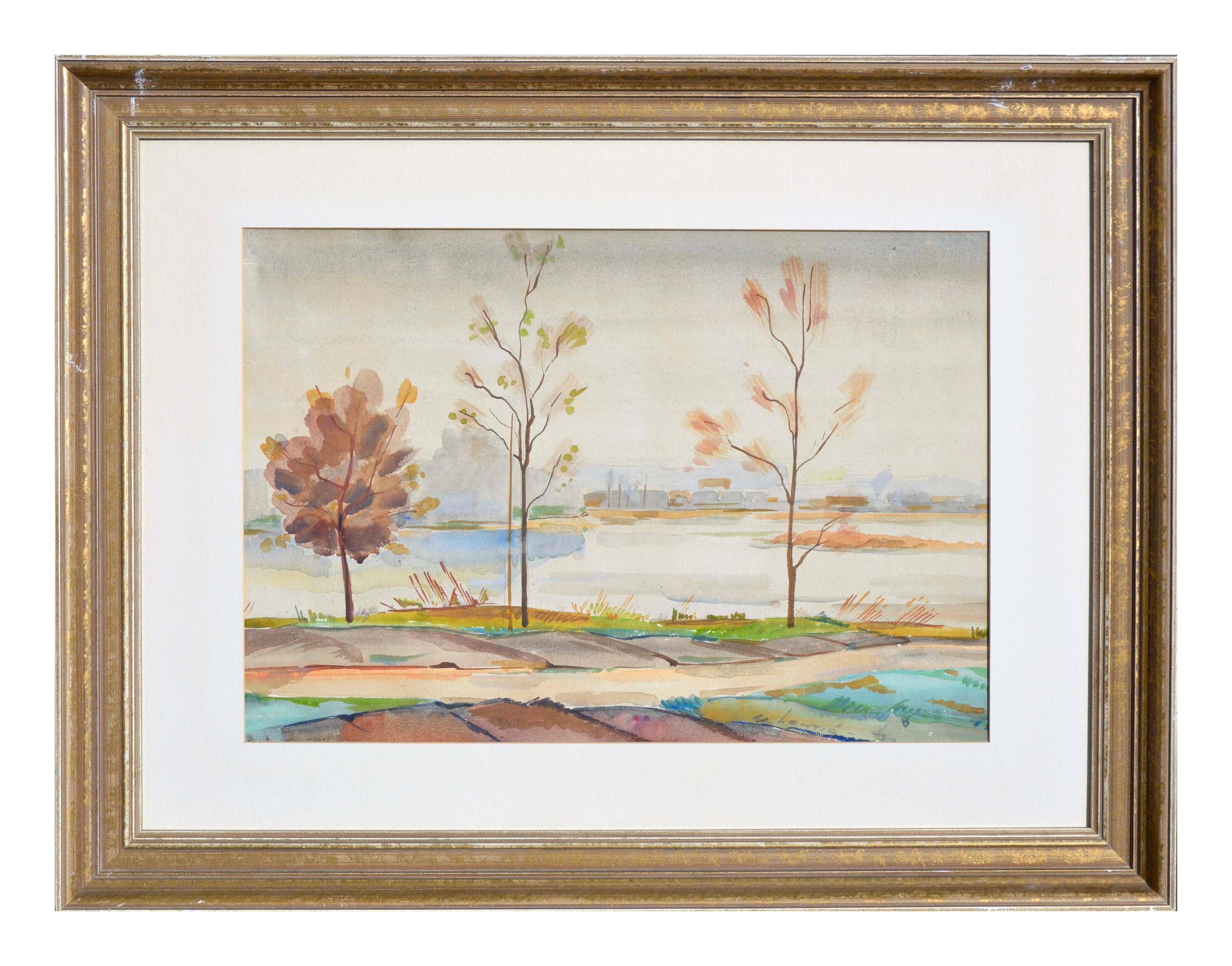 M. Lehtio Landscape Painting - Minimalist Mid Century Modern Landscape -- Autumn Trees 