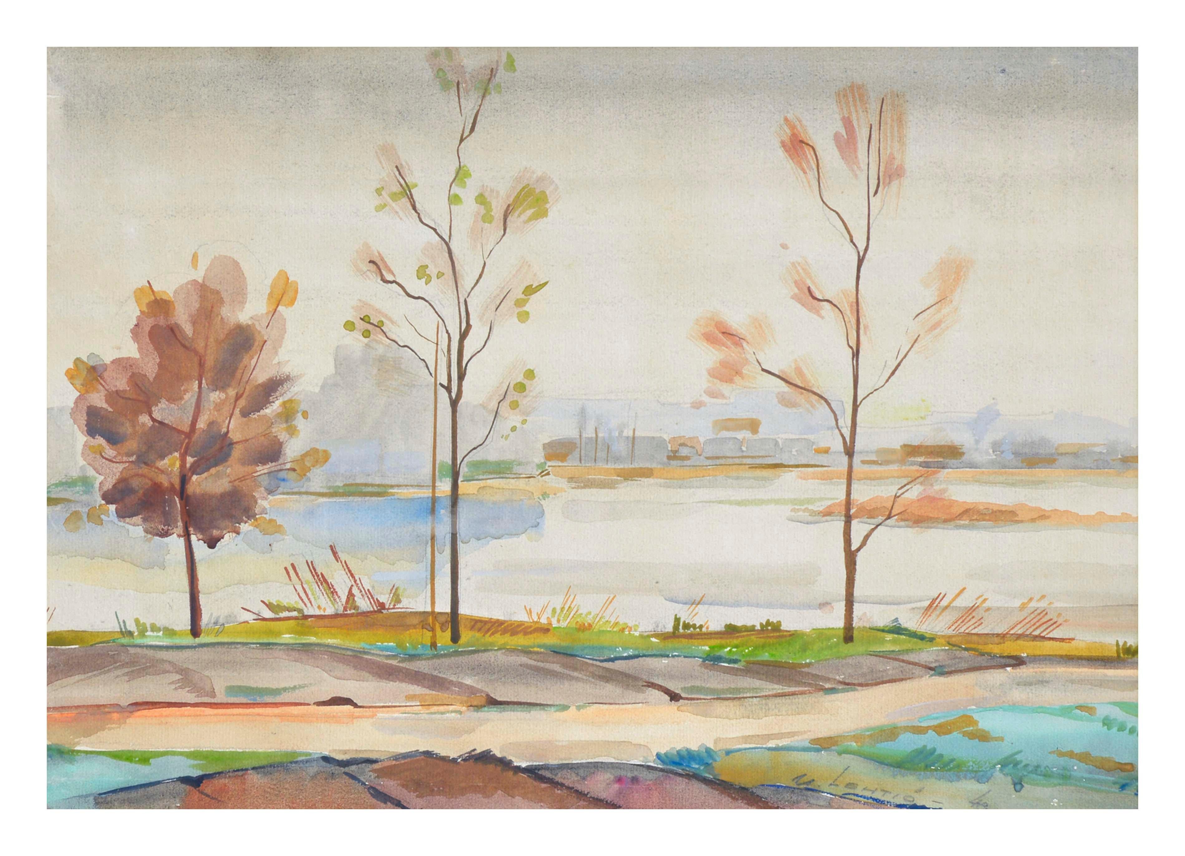 Minimalist Mid Century Modern Landscape -- Autumn Trees  - Painting by M. Lehtio
